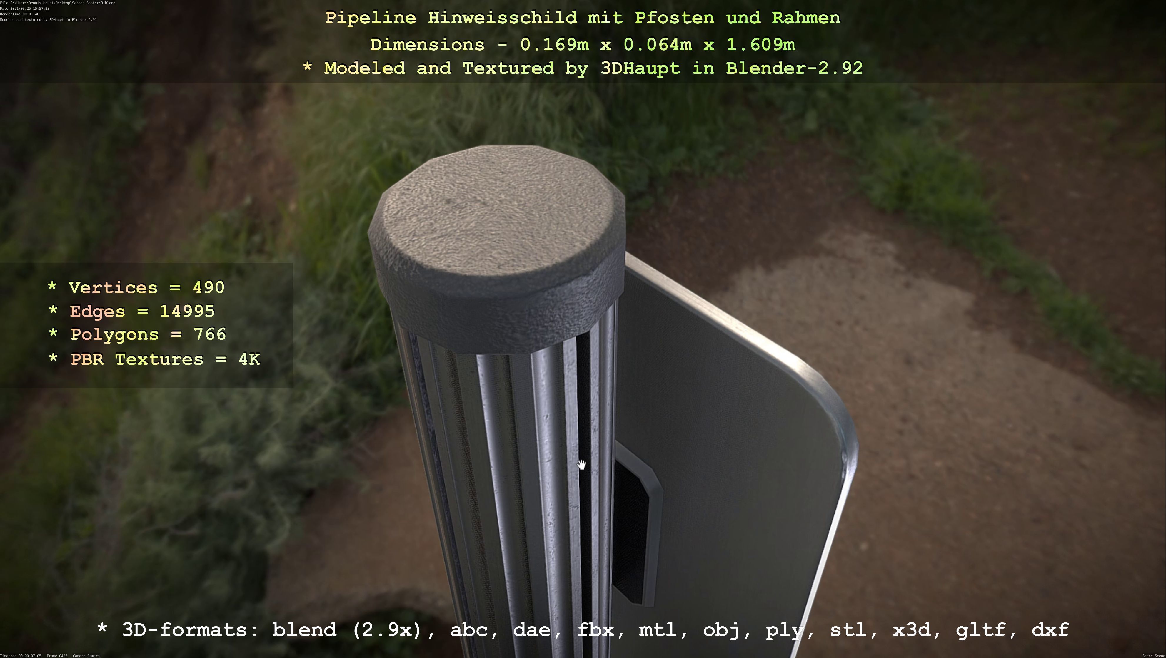 Hinweisschild Pipeline mit Pfosten und Rahmen Low-poly 3D model_30