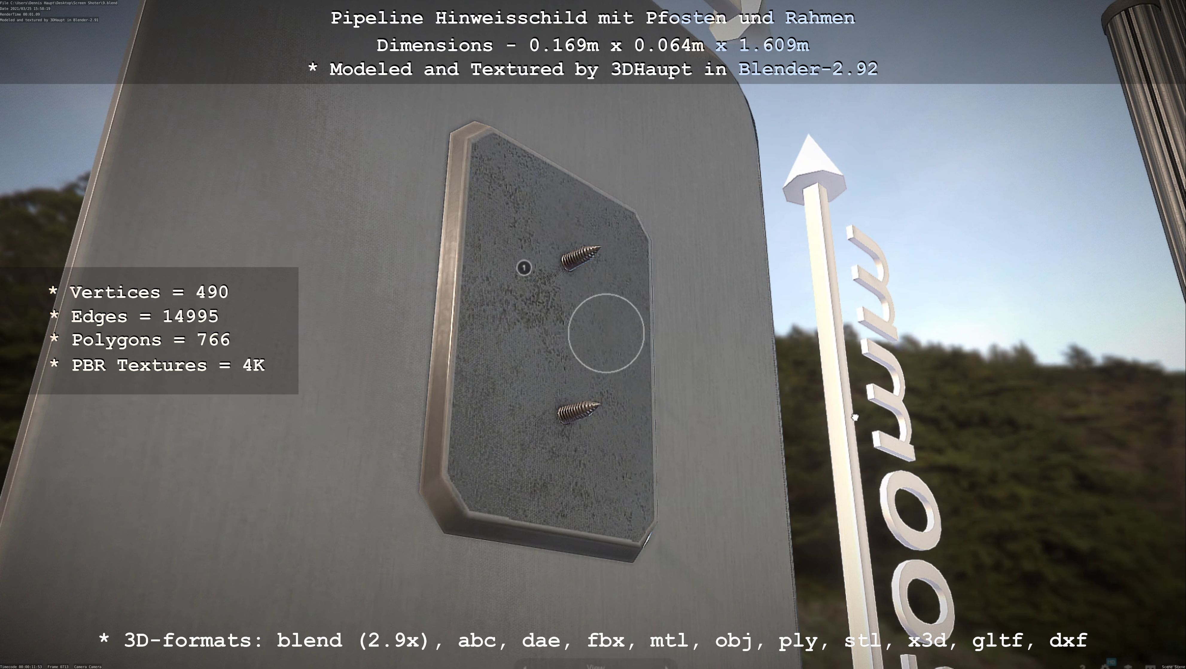 Hinweisschild Pipeline mit Pfosten und Rahmen Low-poly 3D model_107