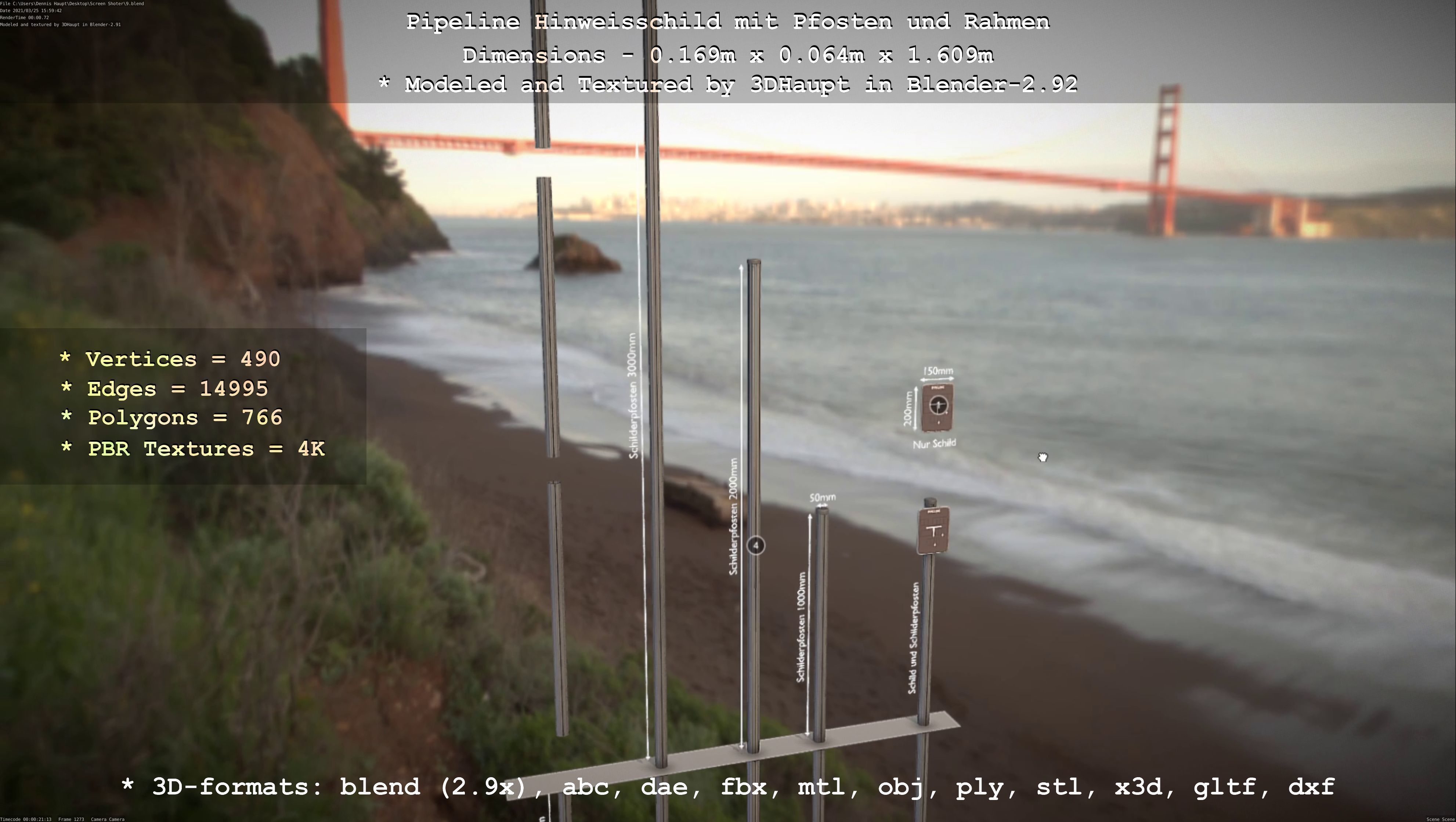 Hinweisschild Pipeline mit Pfosten und Rahmen Low-poly 3D model_48