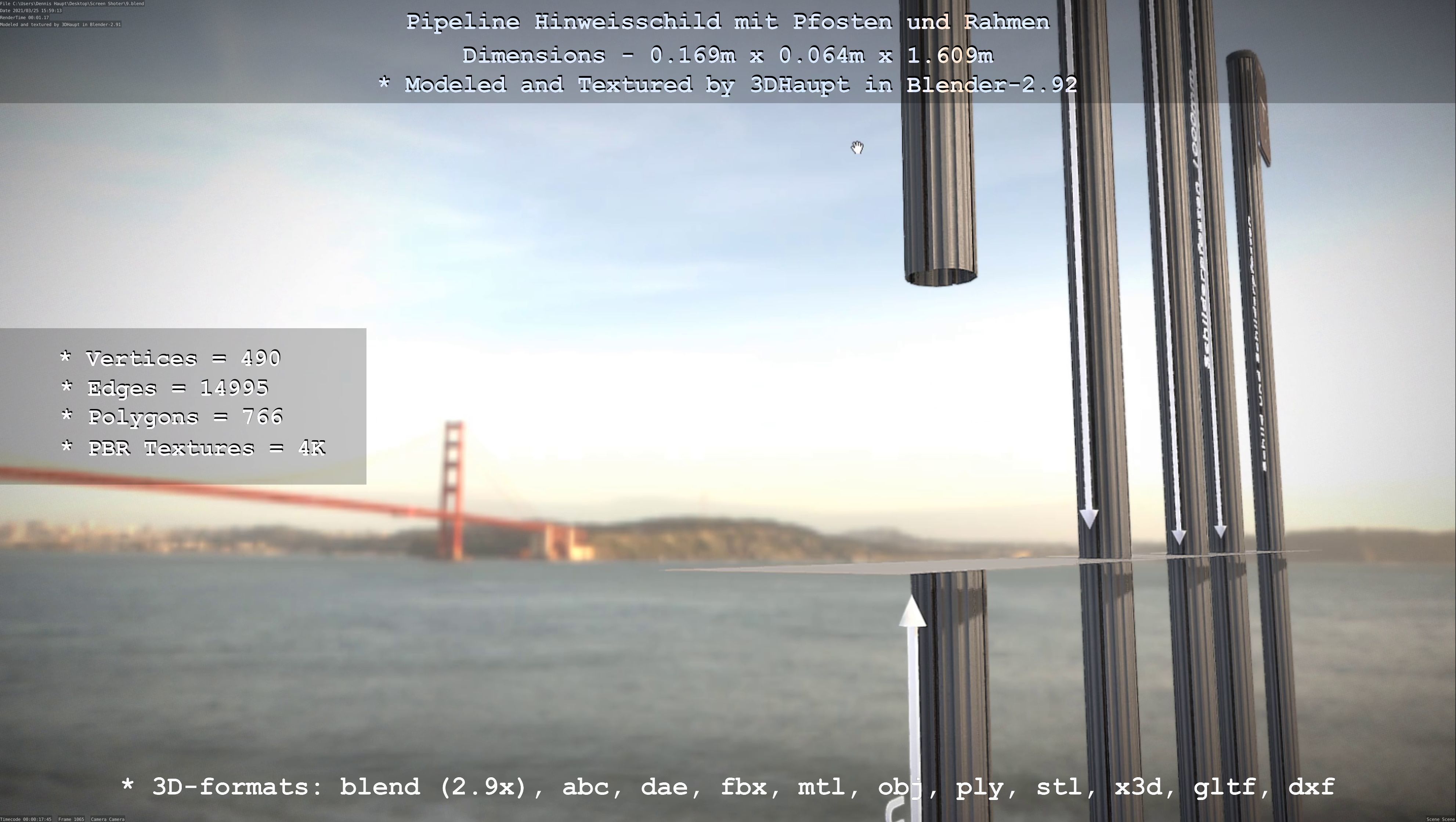 Hinweisschild Pipeline mit Pfosten und Rahmen Low-poly 3D model_38