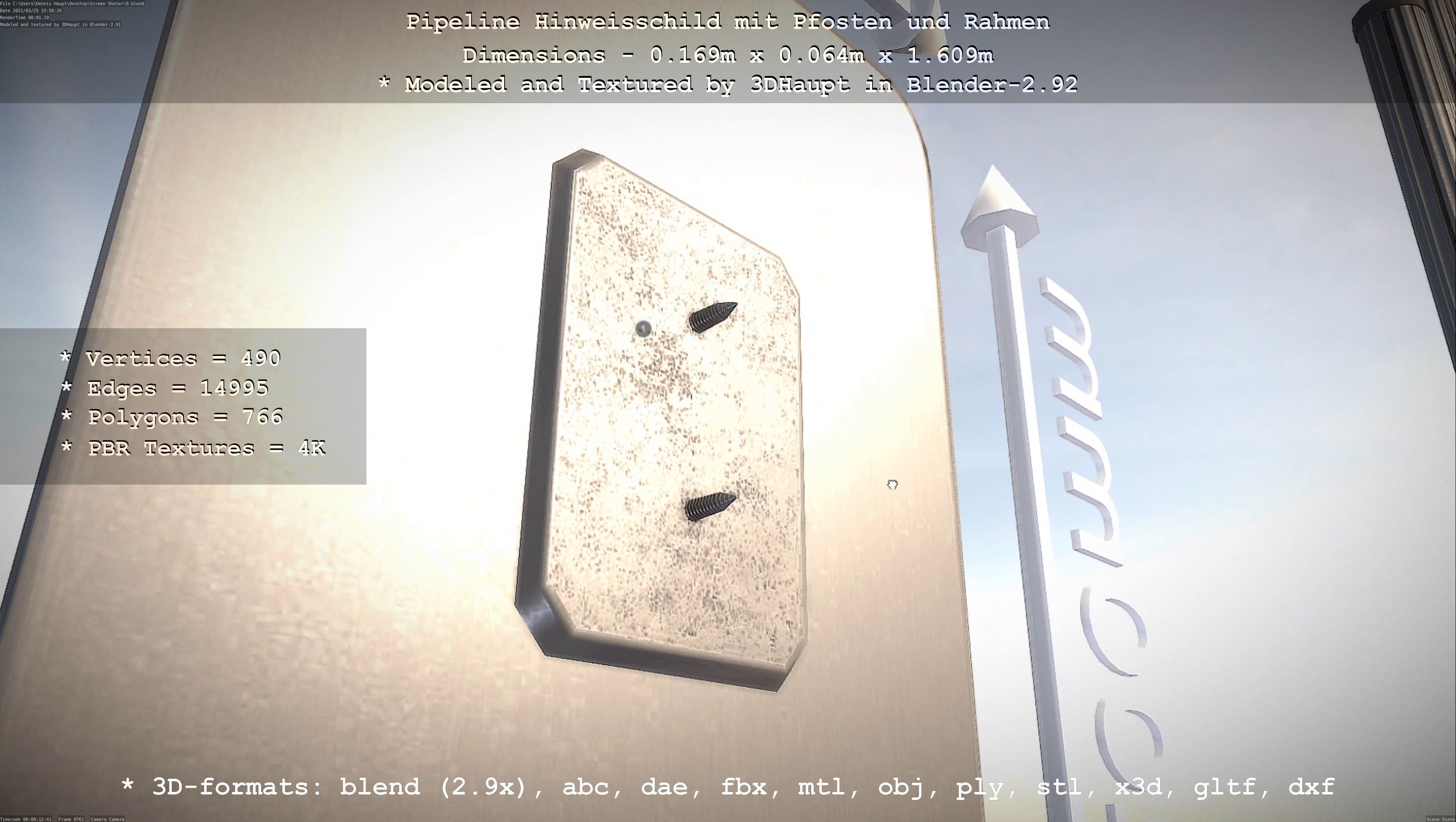 Hinweisschild Pipeline mit Pfosten und Rahmen Low-poly 3D model_34