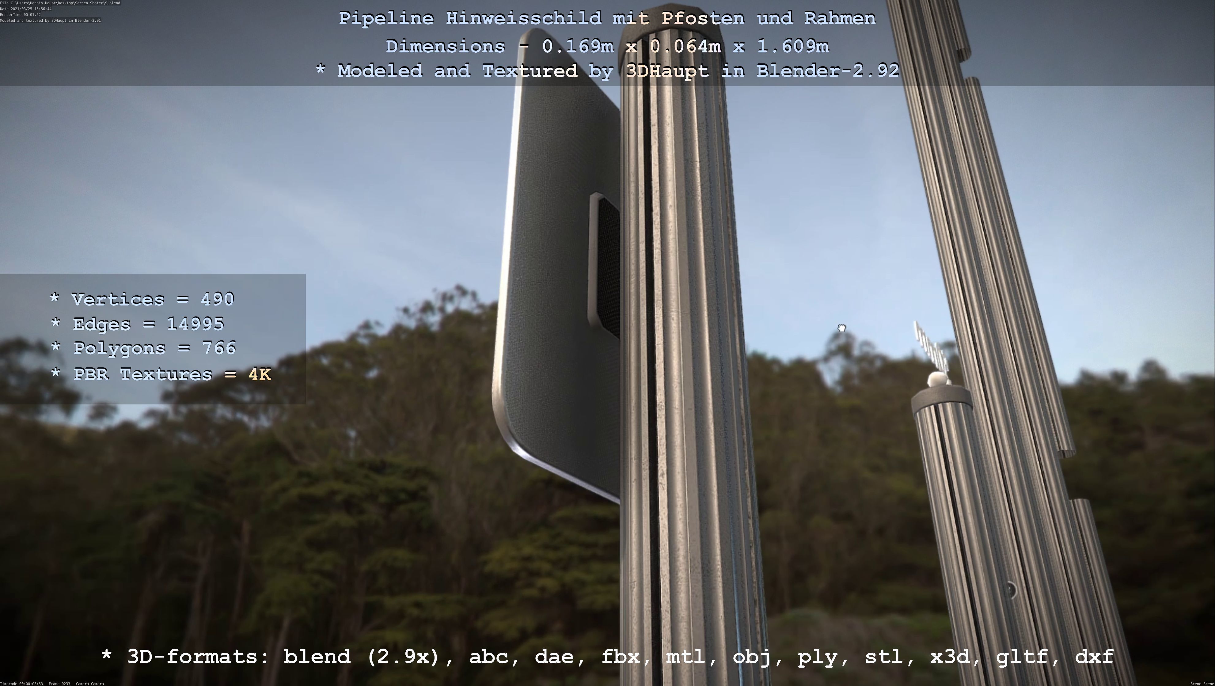 Hinweisschild Pipeline mit Pfosten und Rahmen Low-poly 3D model_23