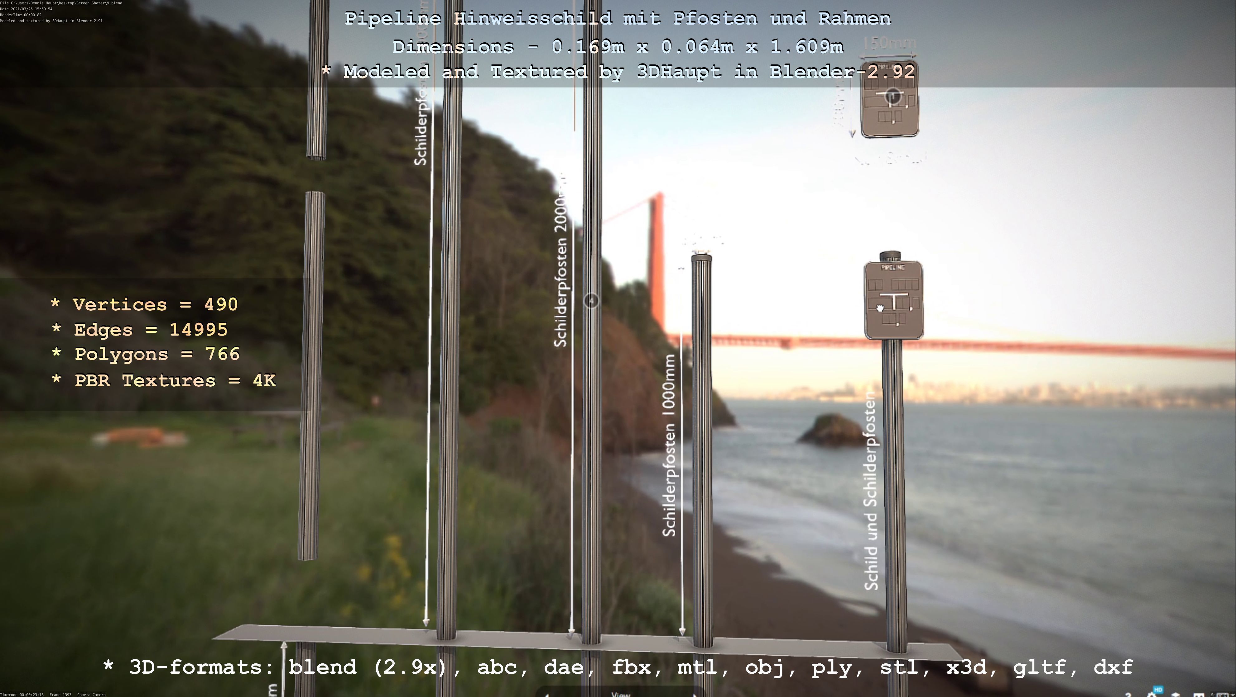Hinweisschild Pipeline mit Pfosten und Rahmen Low-poly 3D model_135