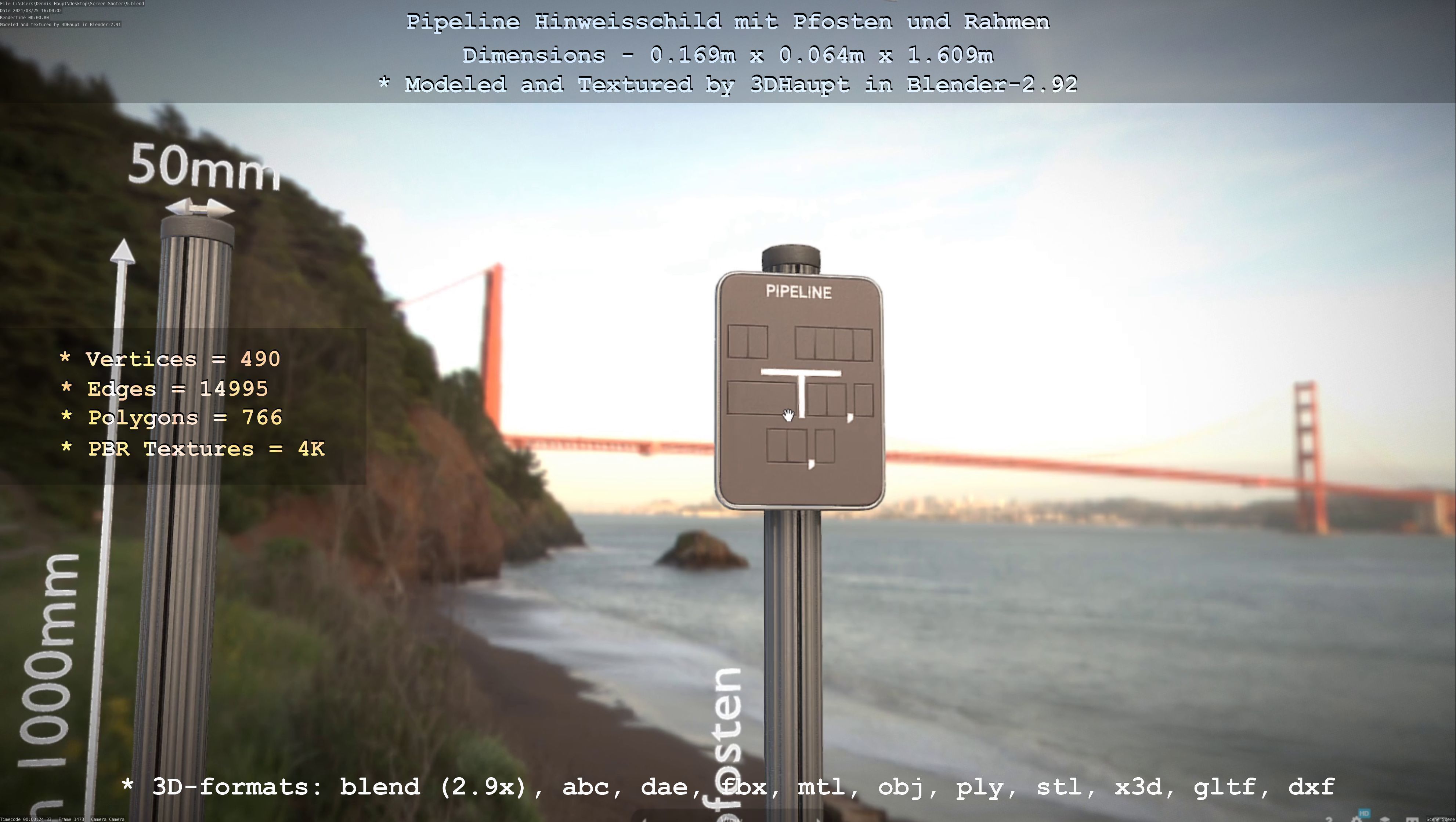 Hinweisschild Pipeline mit Pfosten und Rahmen Low-poly 3D model_51