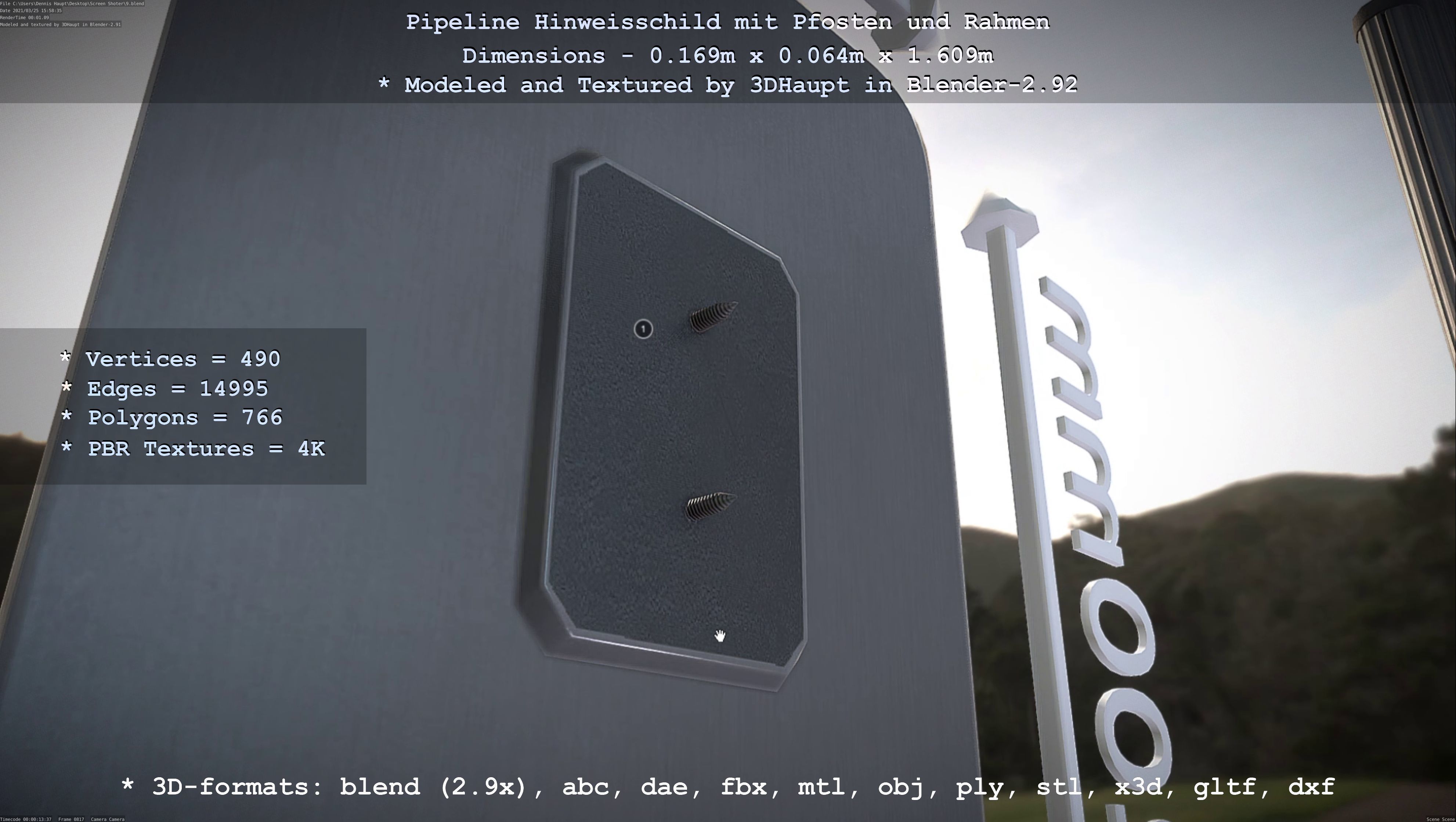 Hinweisschild Pipeline mit Pfosten und Rahmen Low-poly 3D model_112