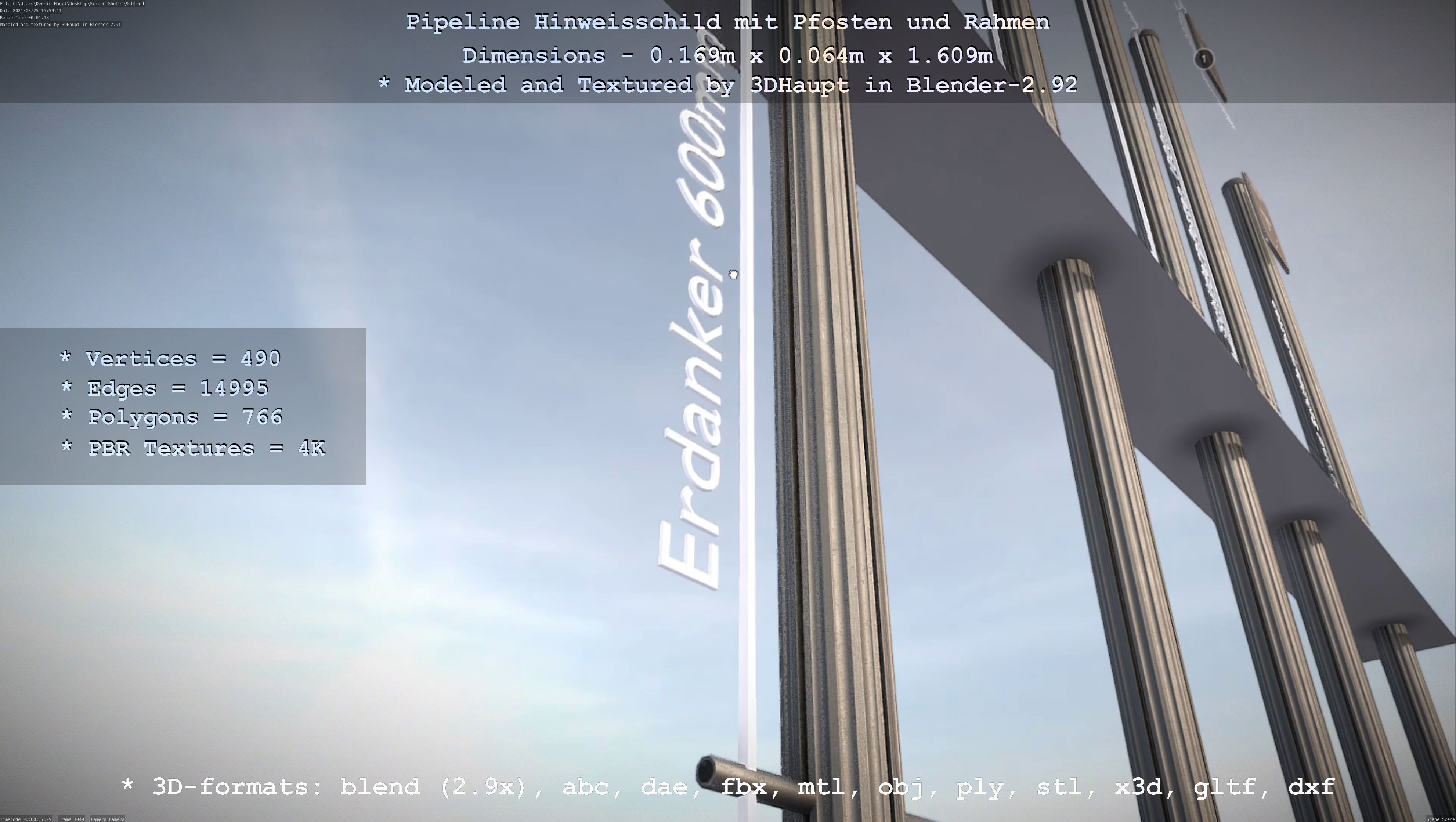 Hinweisschild Pipeline mit Pfosten und Rahmen Low-poly 3D model_130