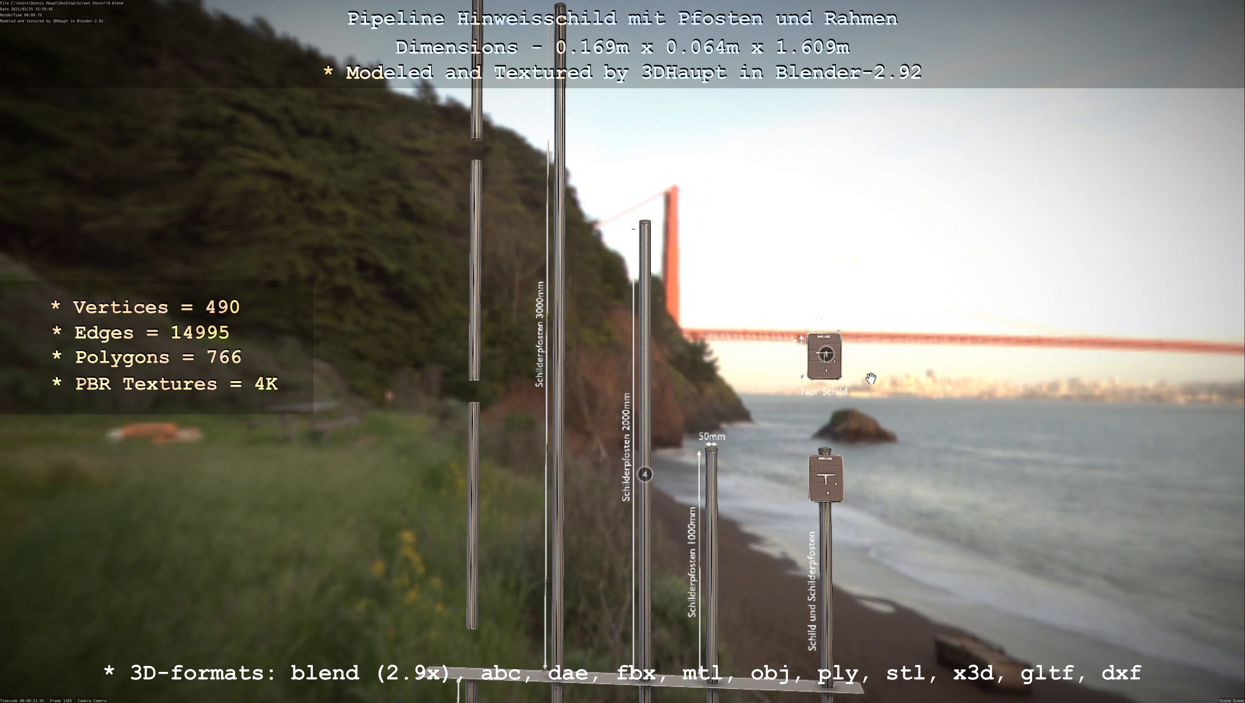 Hinweisschild Pipeline mit Pfosten und Rahmen Low-poly 3D model_80