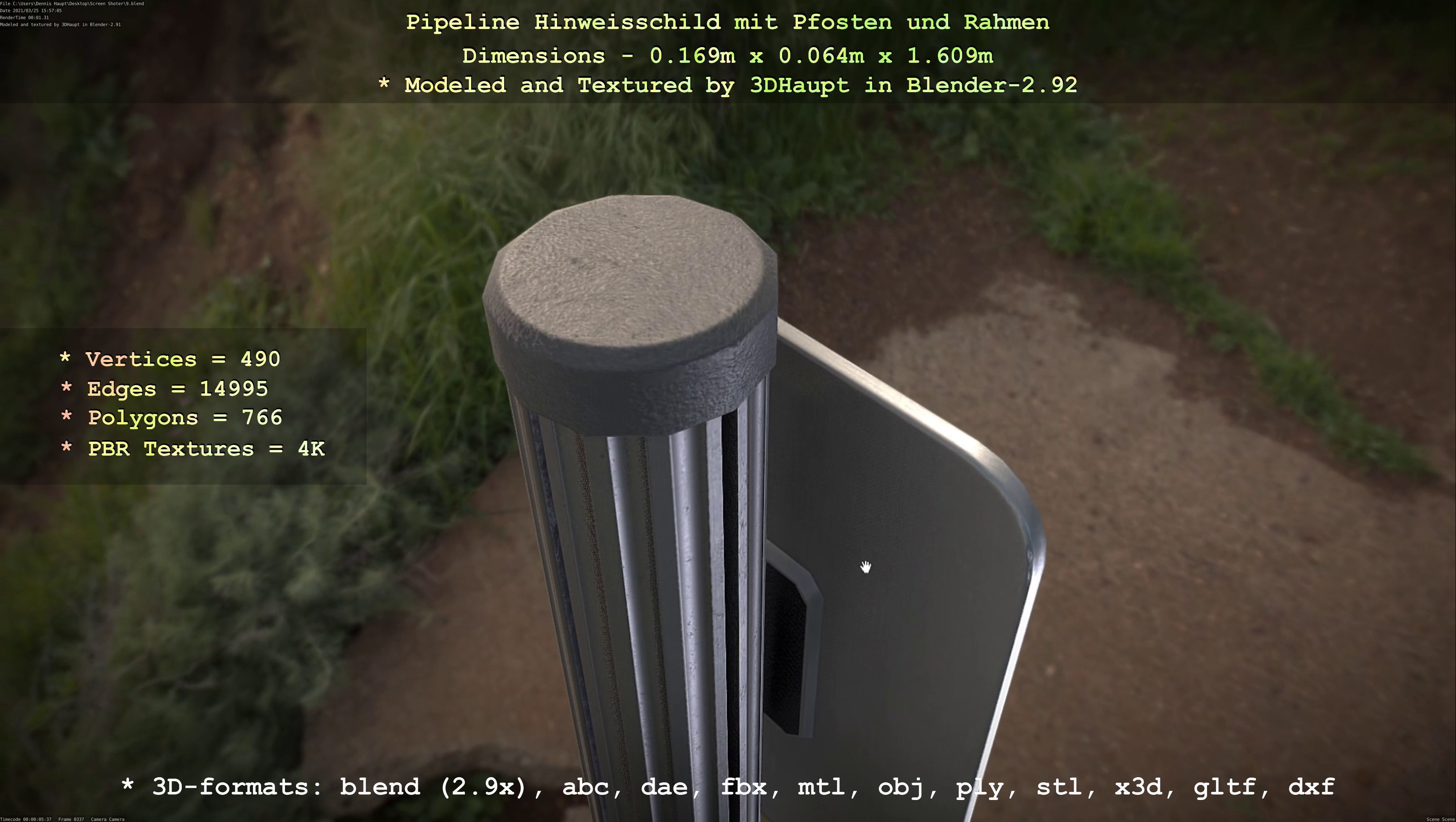 Hinweisschild Pipeline mit Pfosten und Rahmen Low-poly 3D model_81