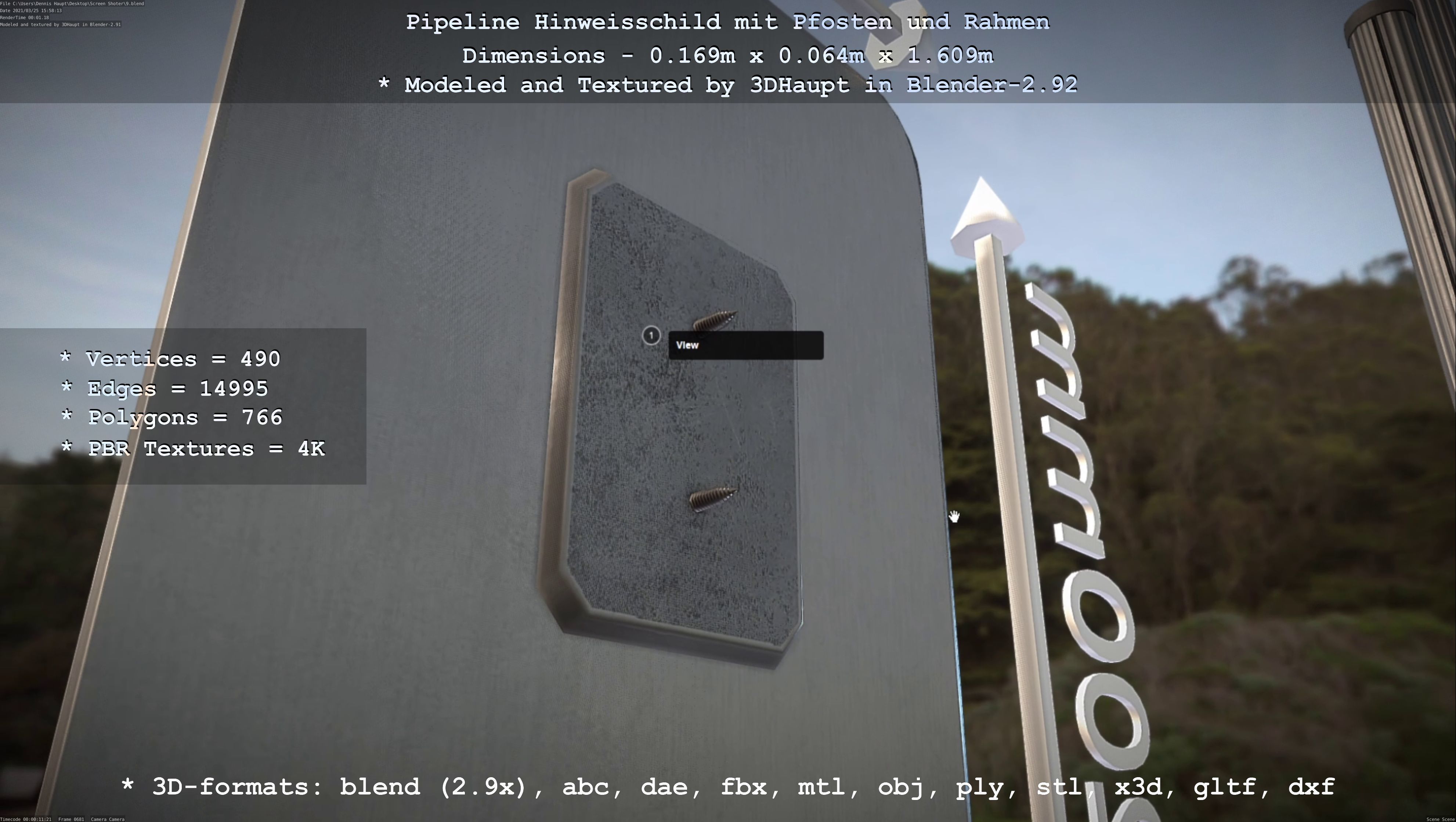 Hinweisschild Pipeline mit Pfosten und Rahmen Low-poly 3D model_103