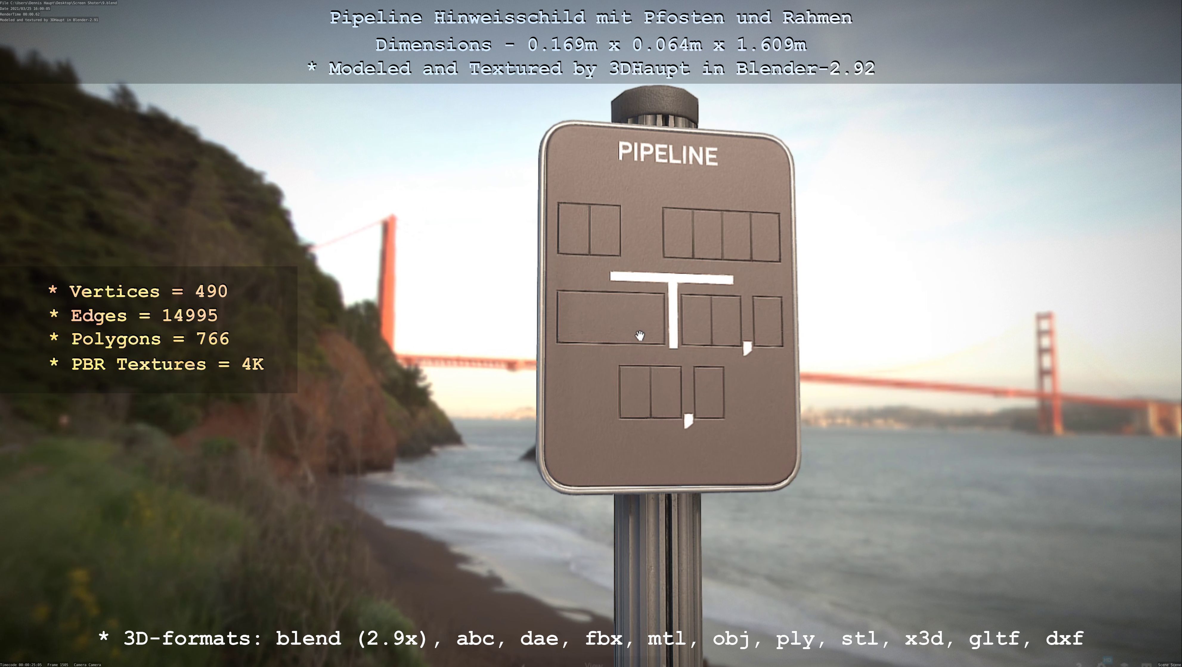 Hinweisschild Pipeline mit Pfosten und Rahmen Low-poly 3D model_40