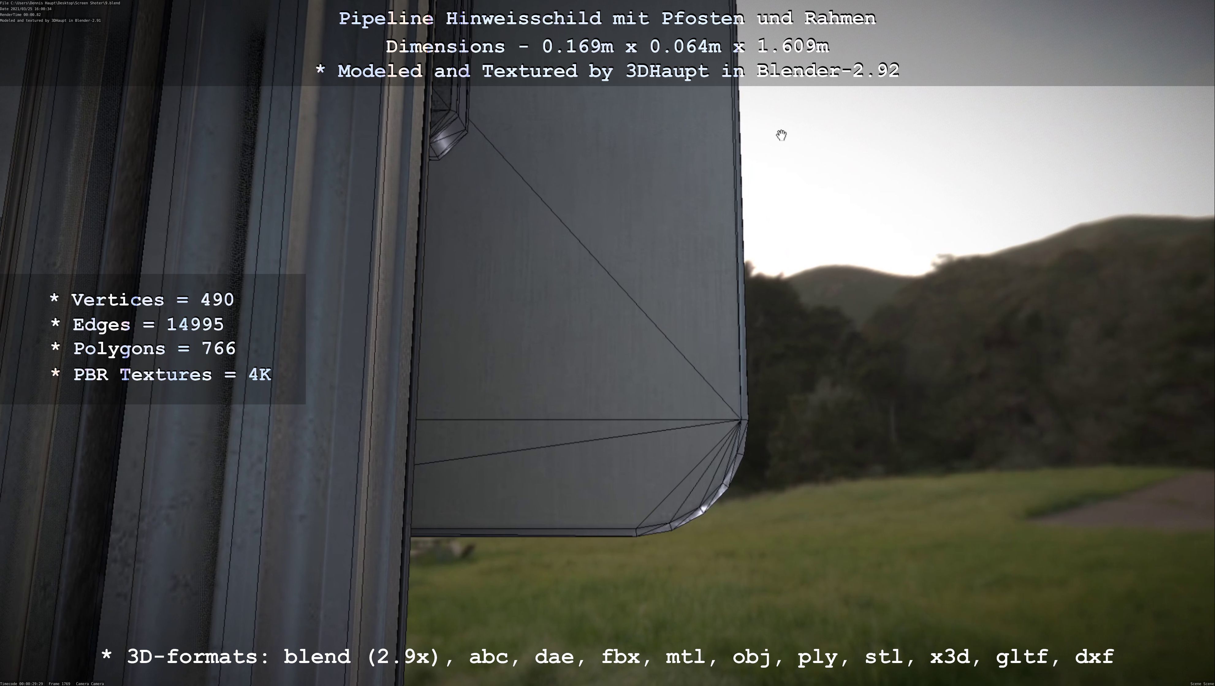 Hinweisschild Pipeline mit Pfosten und Rahmen Low-poly 3D model_44