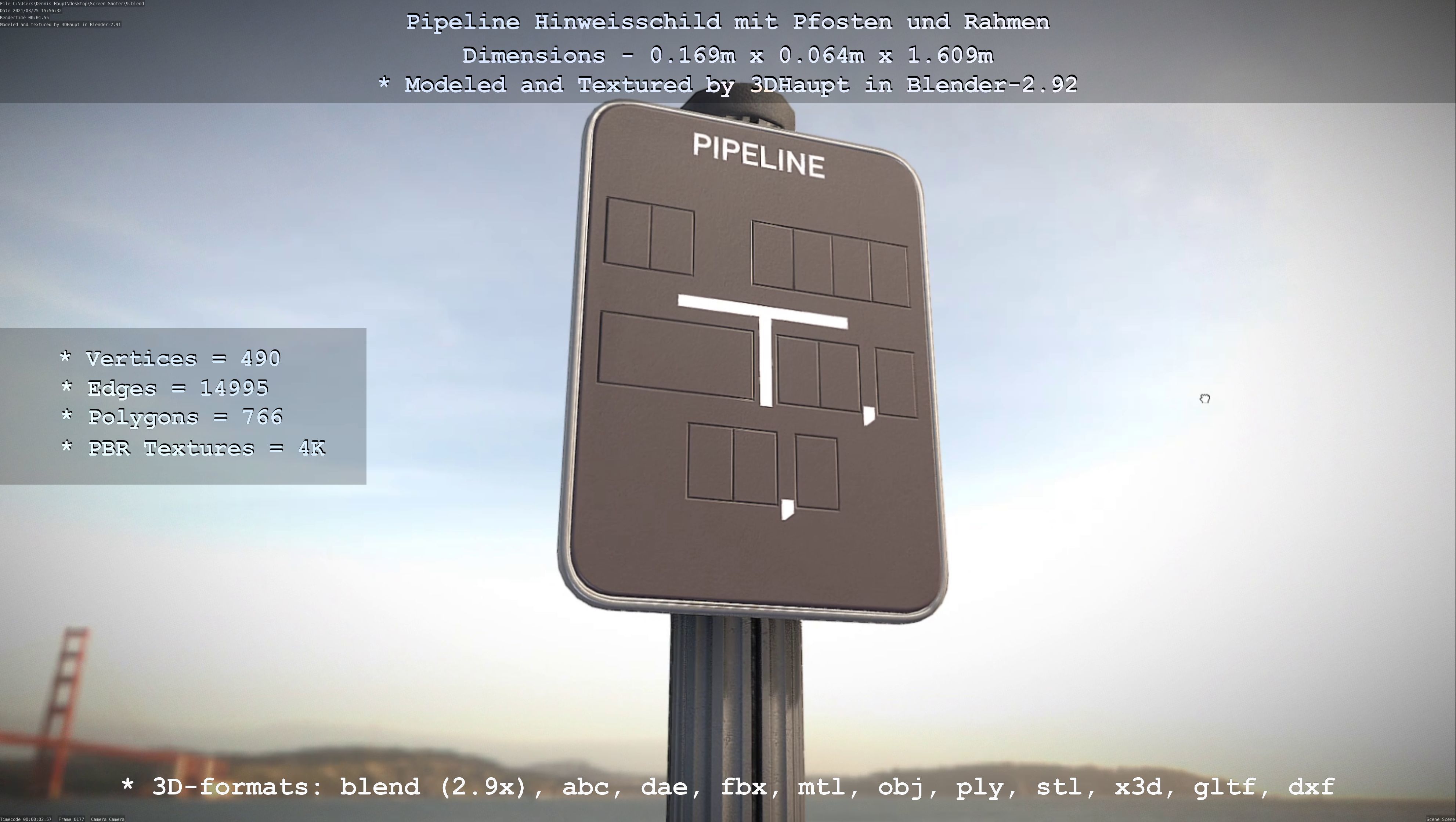 Hinweisschild Pipeline mit Pfosten und Rahmen Low-poly 3D model_72