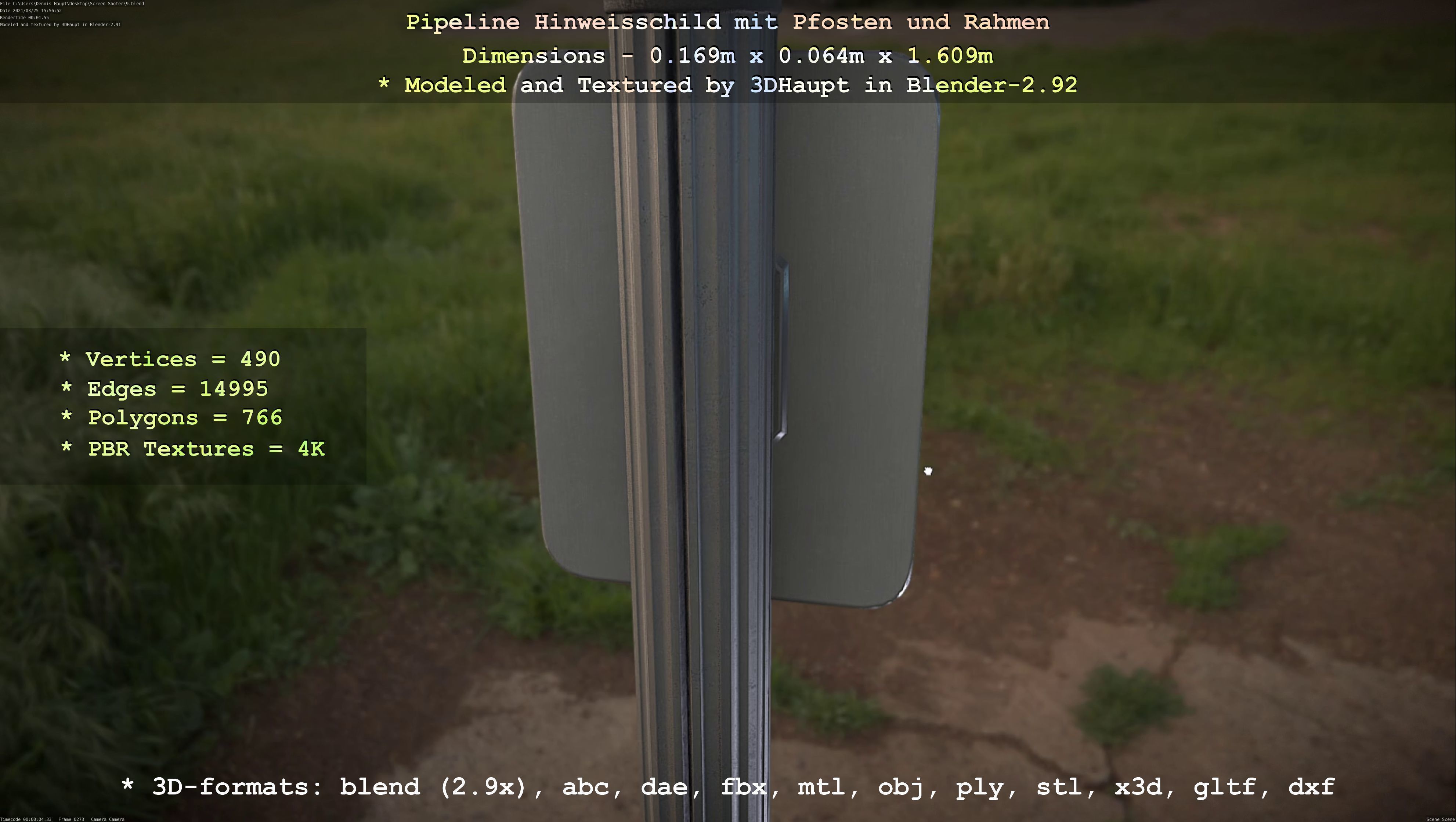 Hinweisschild Pipeline mit Pfosten und Rahmen Low-poly 3D model_75