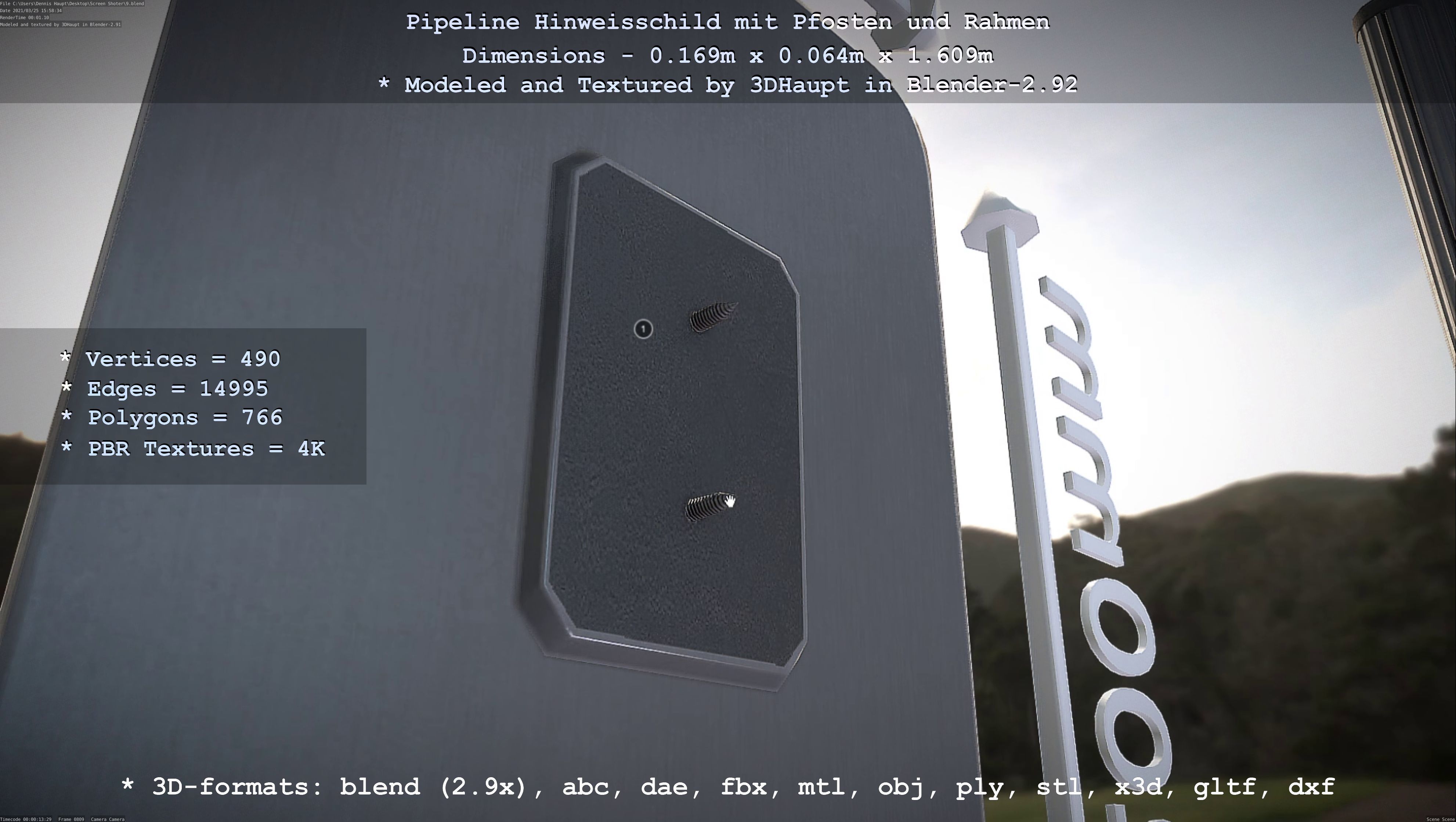 Hinweisschild Pipeline mit Pfosten und Rahmen Low-poly 3D model_111