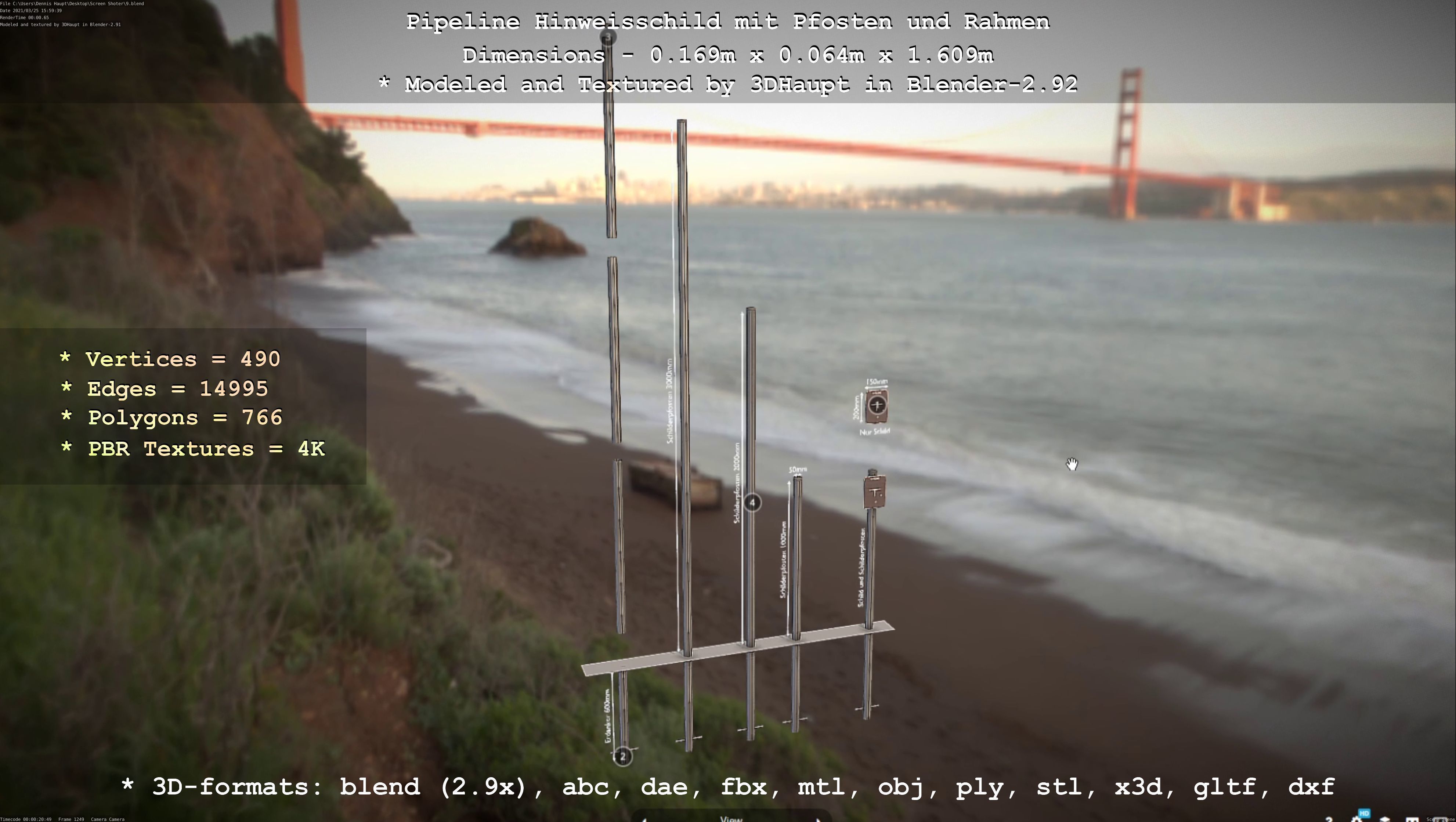 Hinweisschild Pipeline mit Pfosten und Rahmen Low-poly 3D model_143