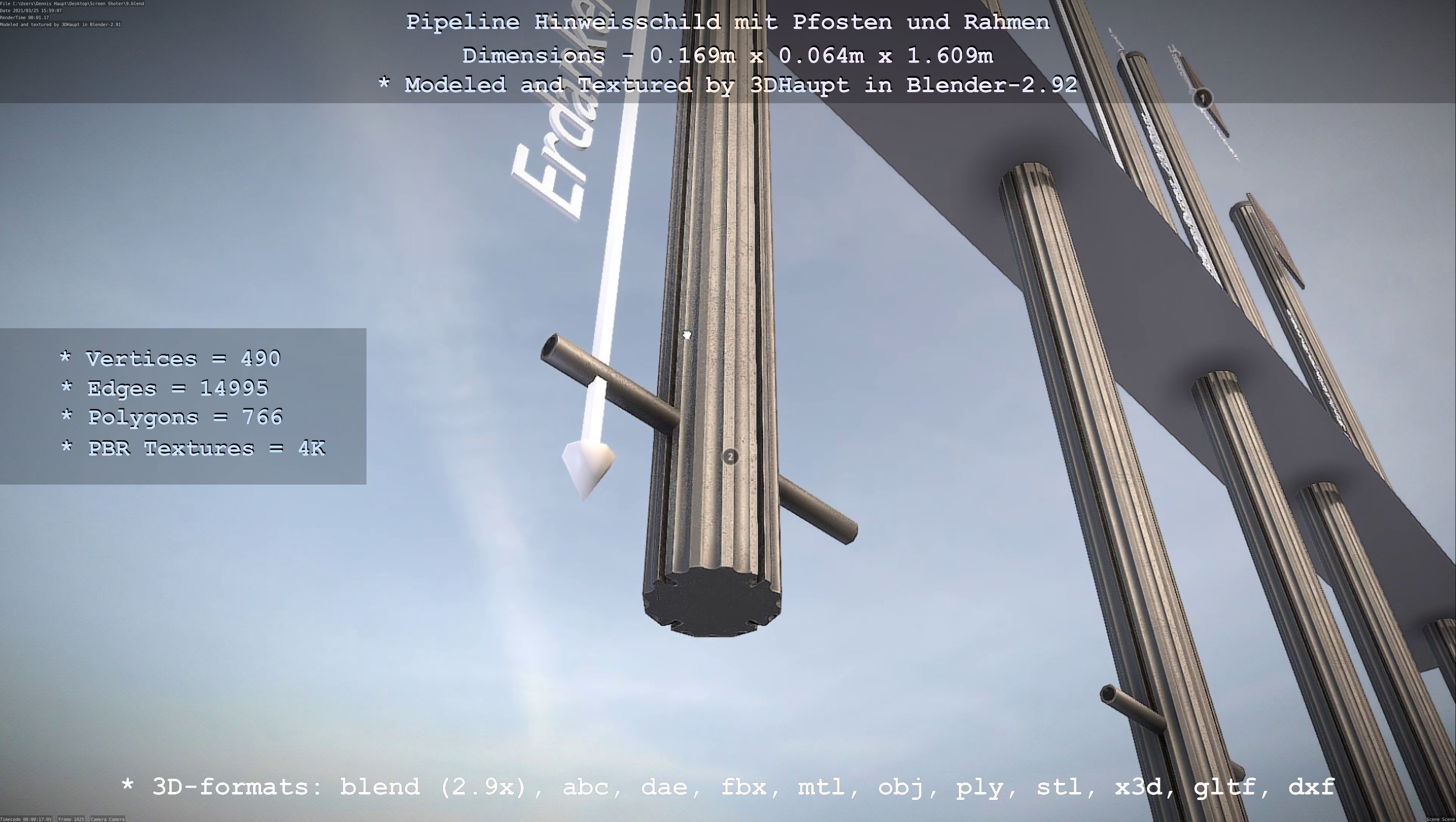 Hinweisschild Pipeline mit Pfosten und Rahmen Low-poly 3D model_127