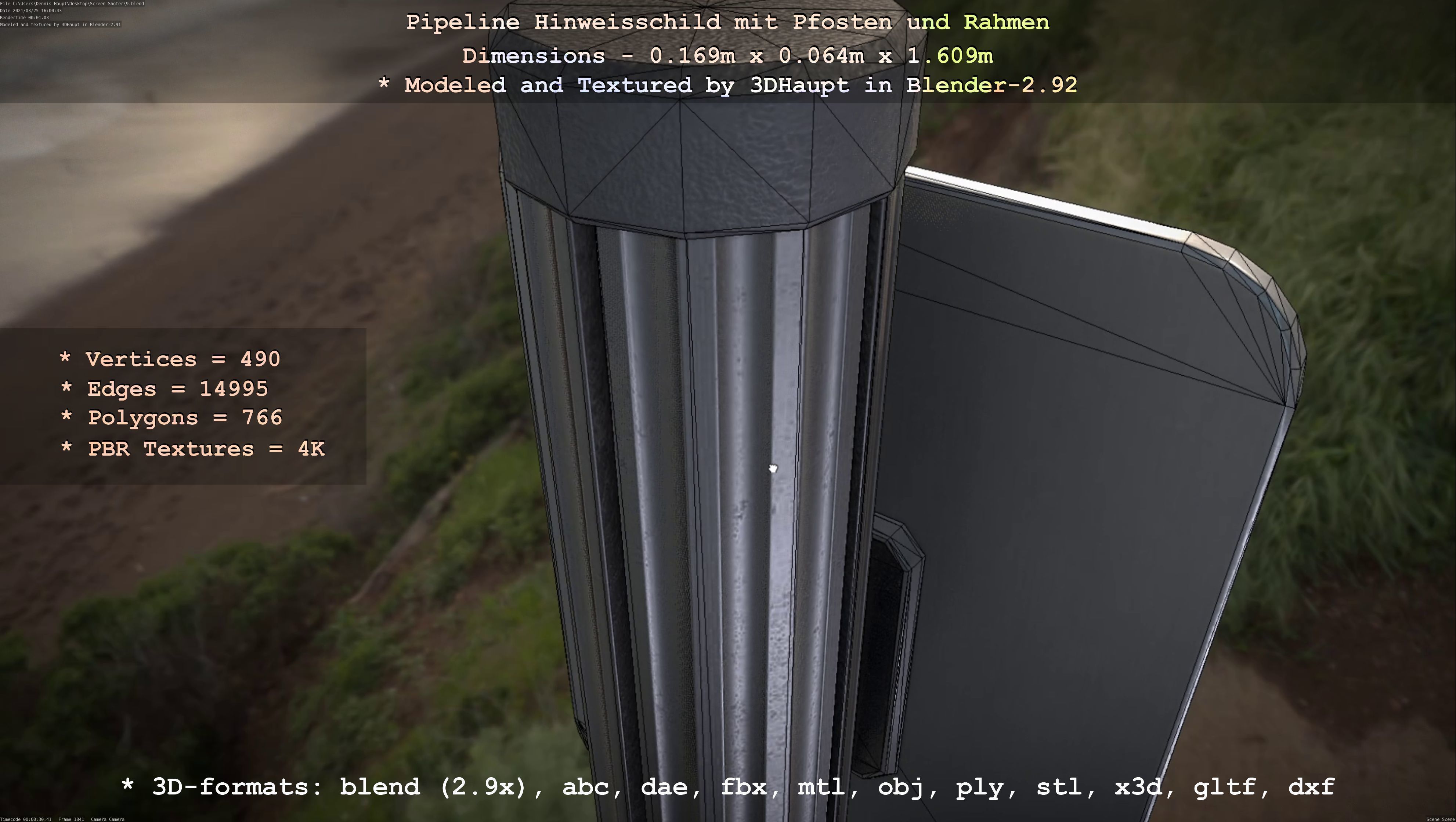 Hinweisschild Pipeline mit Pfosten und Rahmen Low-poly 3D model_3