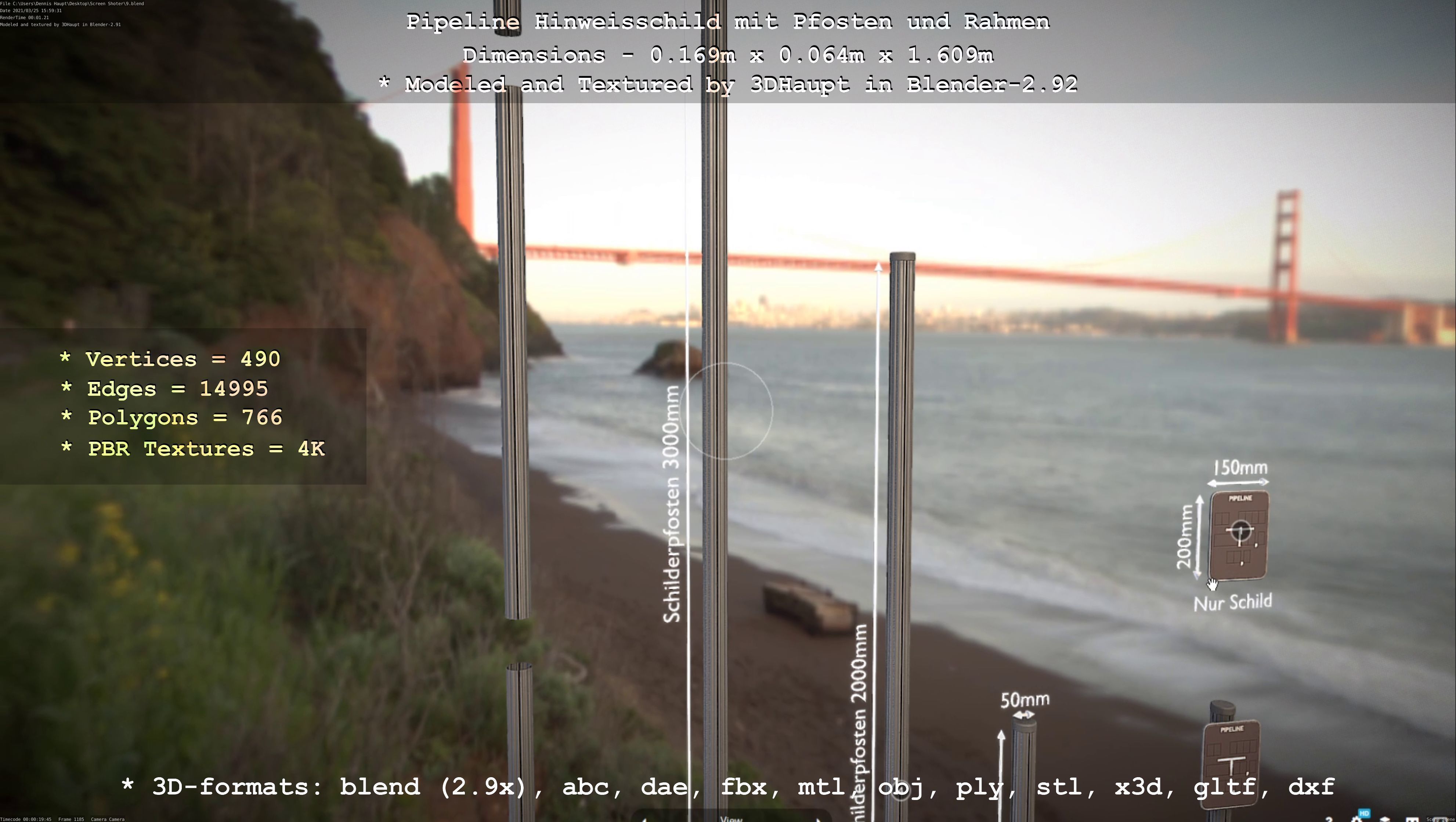 Hinweisschild Pipeline mit Pfosten und Rahmen Low-poly 3D model_141