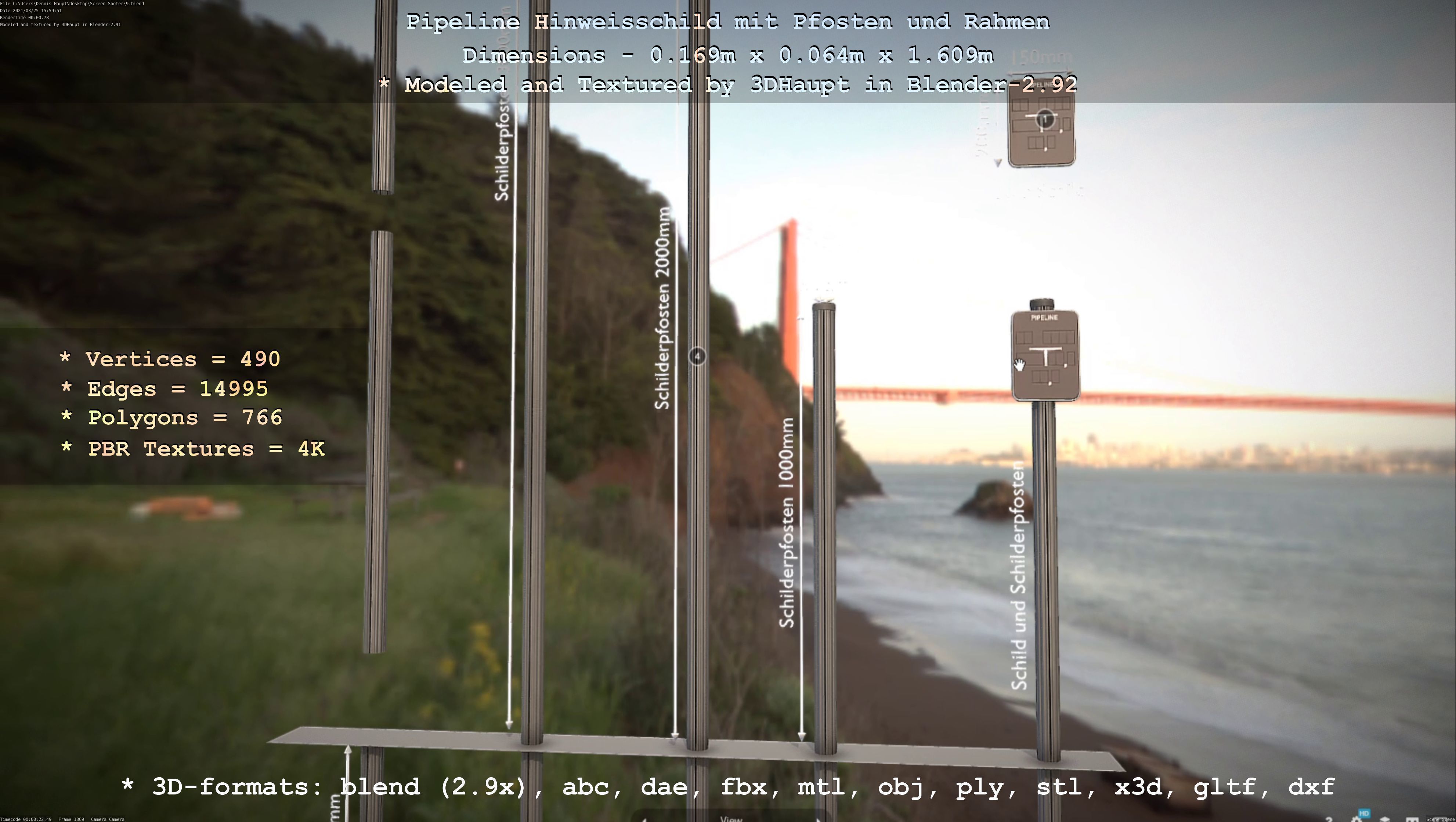 Hinweisschild Pipeline mit Pfosten und Rahmen Low-poly 3D model_102