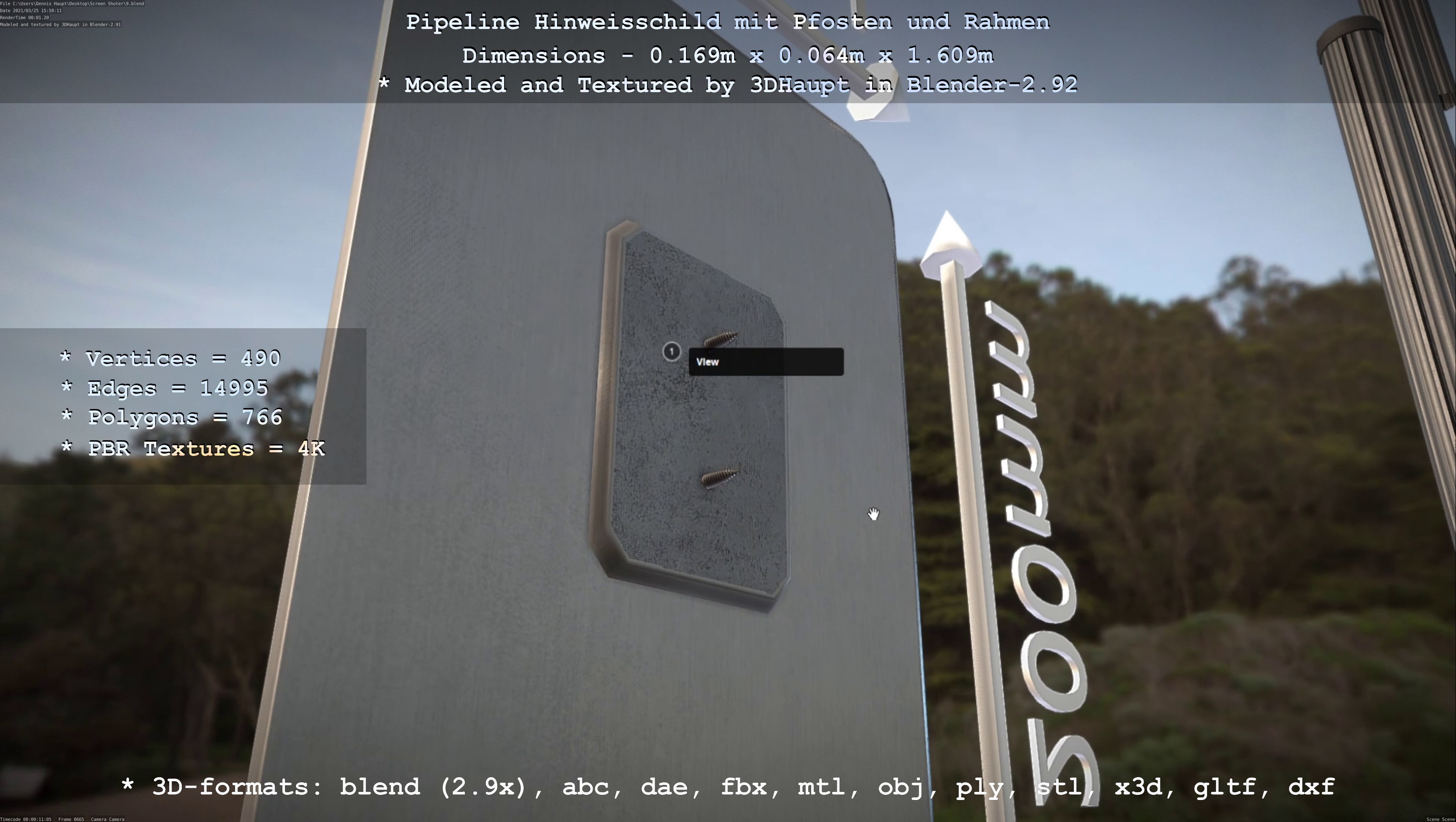 Hinweisschild Pipeline mit Pfosten und Rahmen Low-poly 3D model_100