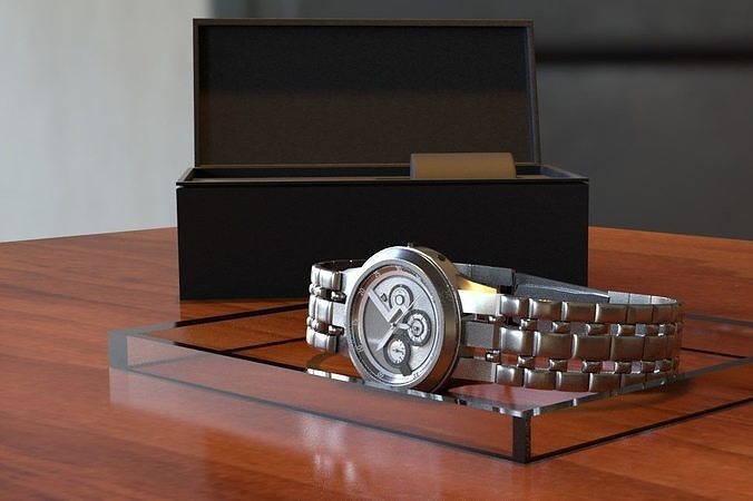 3D watch model in box on wooden table Free 3D model