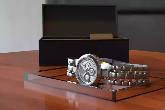 3D watch model in box on wooden table