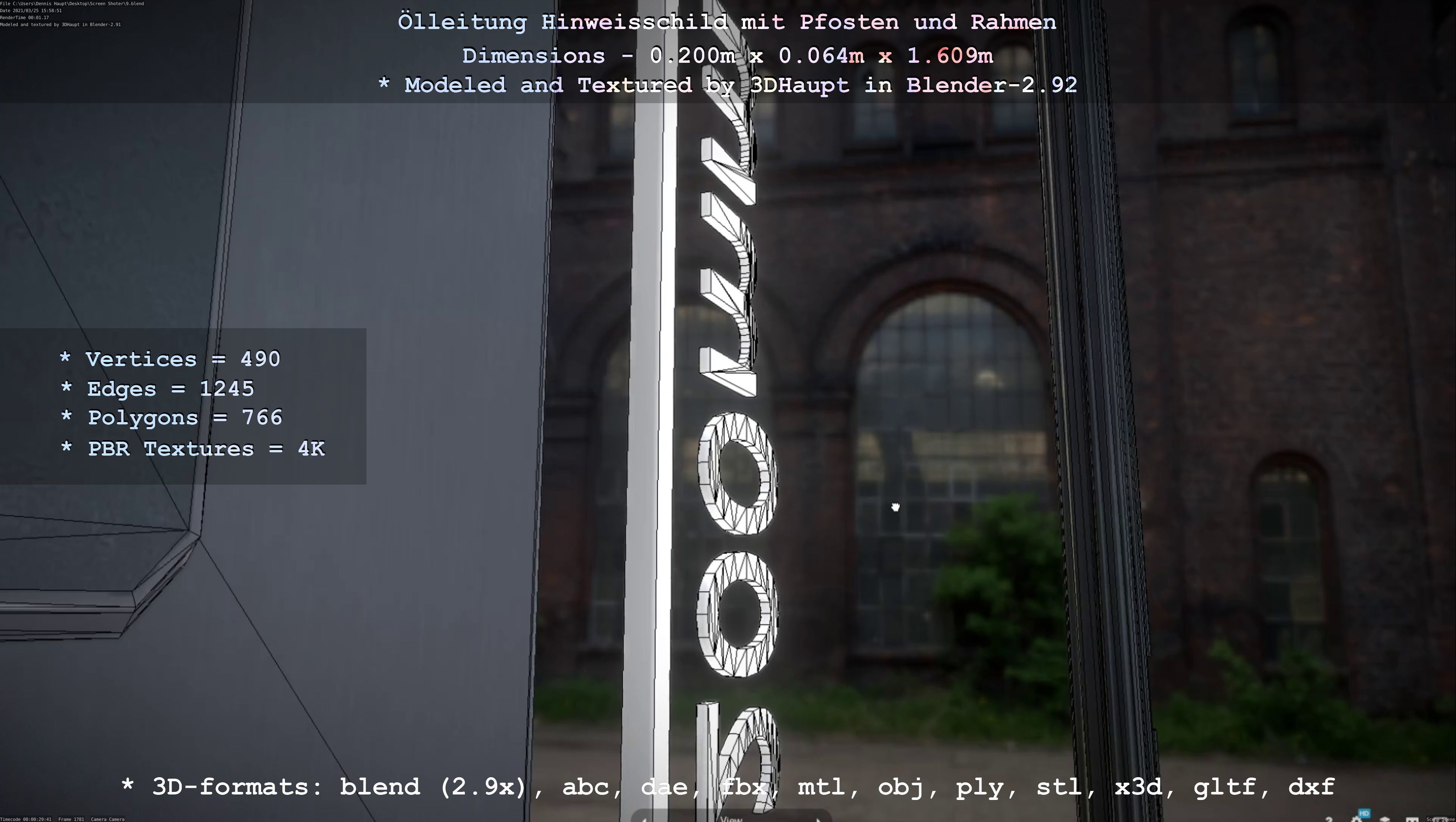 Hinweisschild Oelleitung mit Pfosten und Rahmen Low-poly 3D model_35