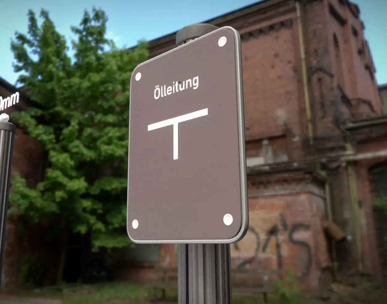 Hinweisschild Oelleitung mit Pfosten und Rahmen Low-poly 3D model_0