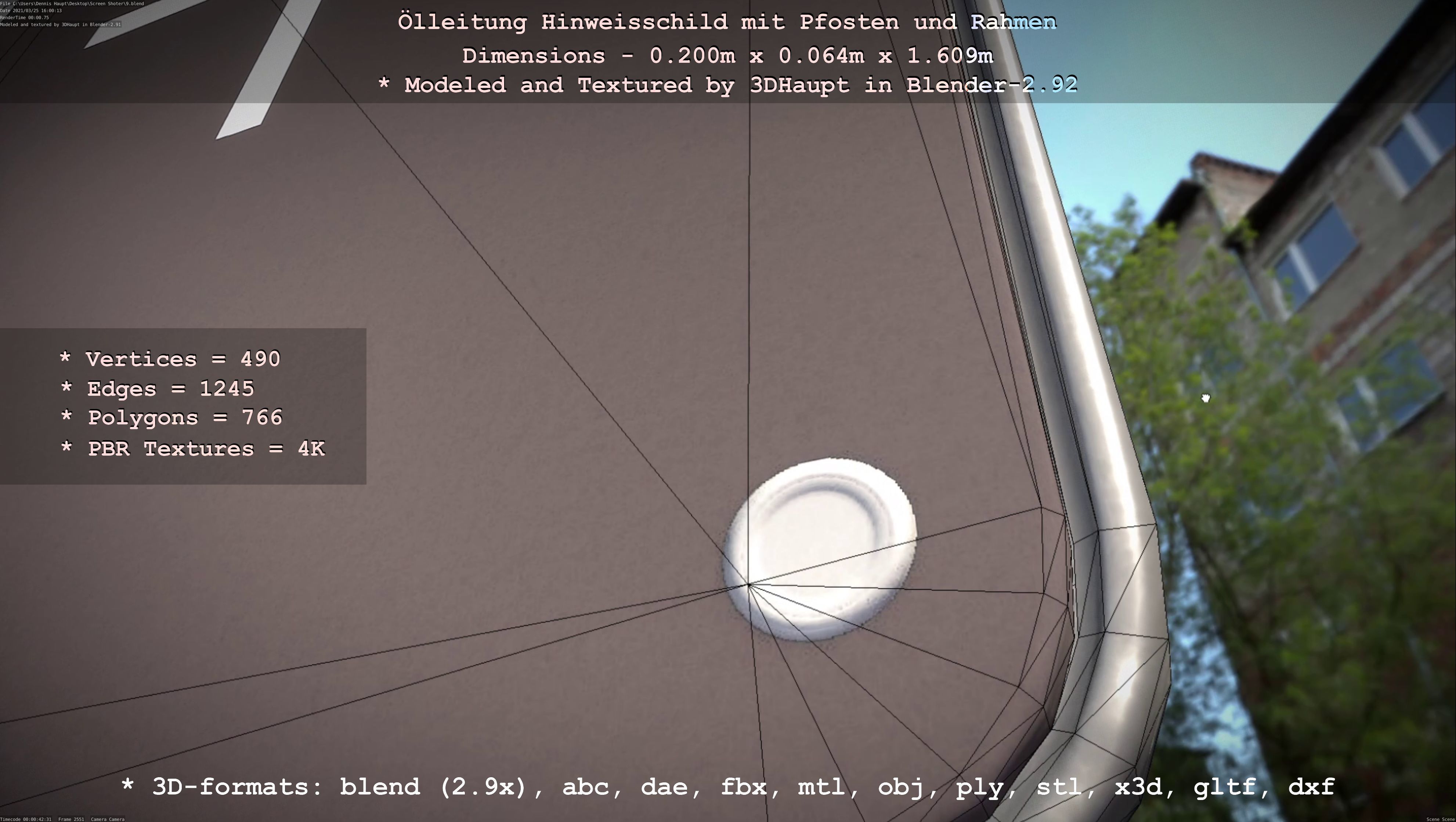 Hinweisschild Oelleitung mit Pfosten und Rahmen Low-poly 3D model_69