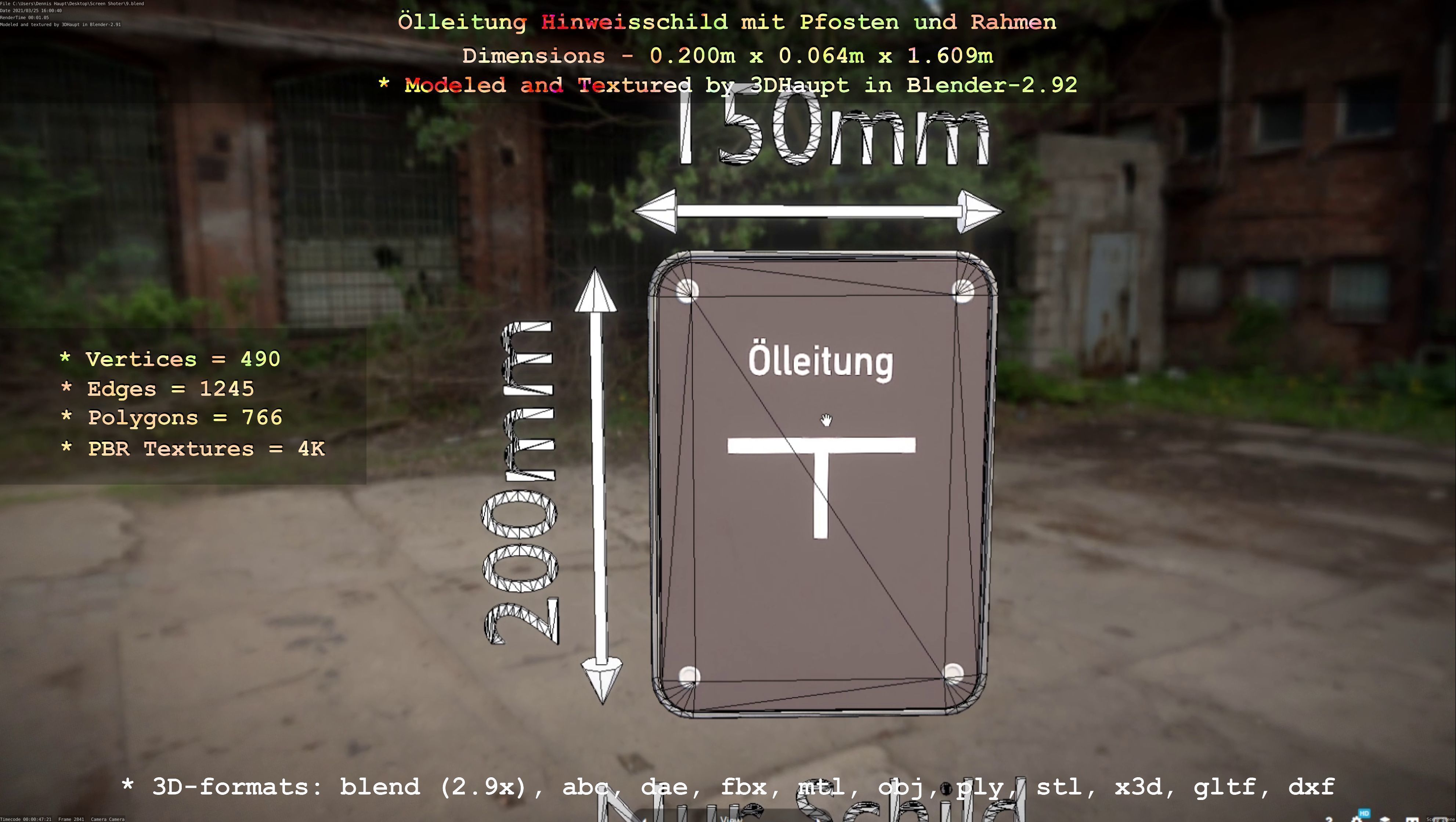 Hinweisschild Oelleitung mit Pfosten und Rahmen Low-poly 3D model_14