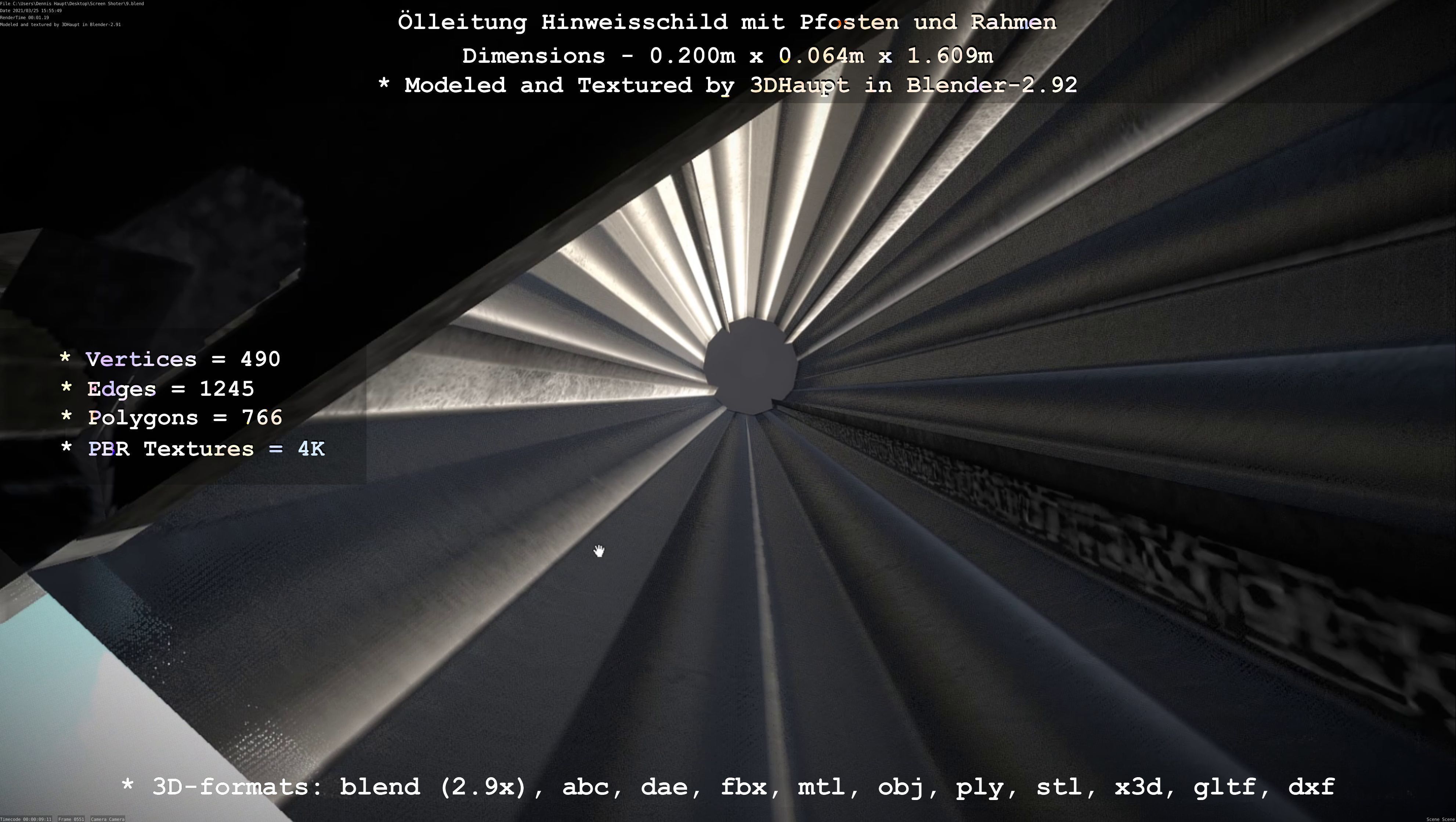 Hinweisschild Oelleitung mit Pfosten und Rahmen Low-poly 3D model_90