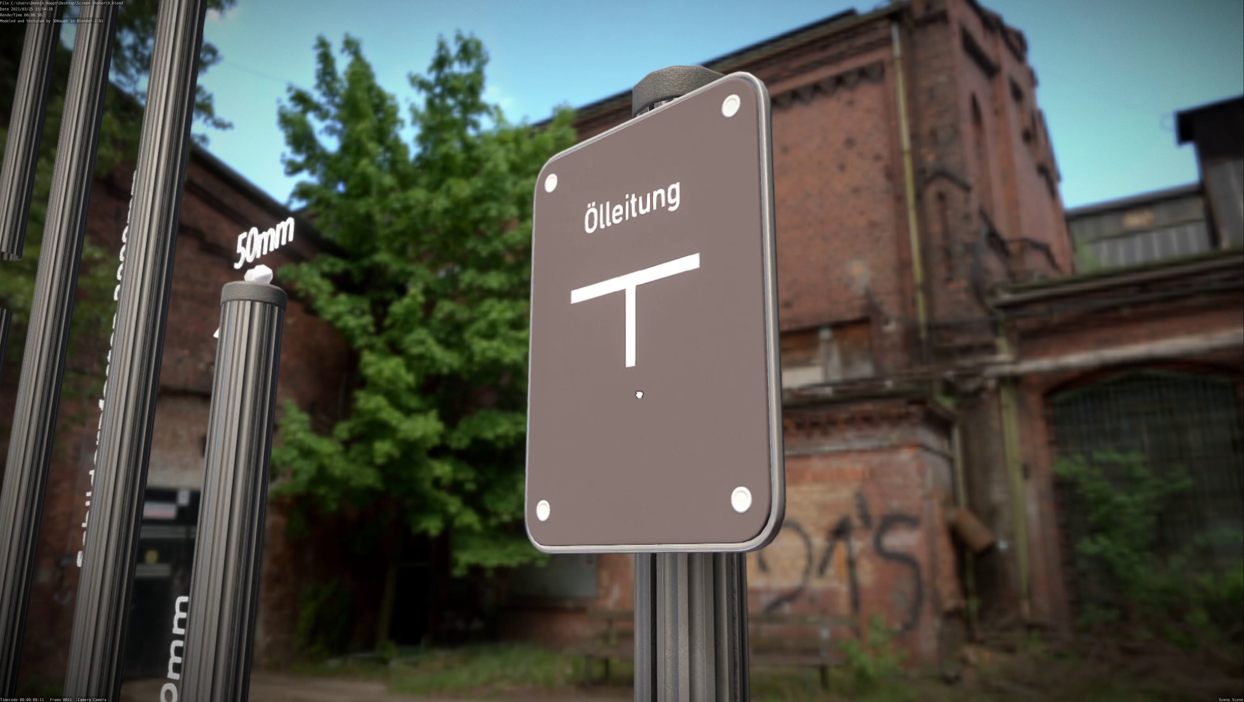 Hinweisschild Oelleitung mit Pfosten und Rahmen Low-poly 3D model_70