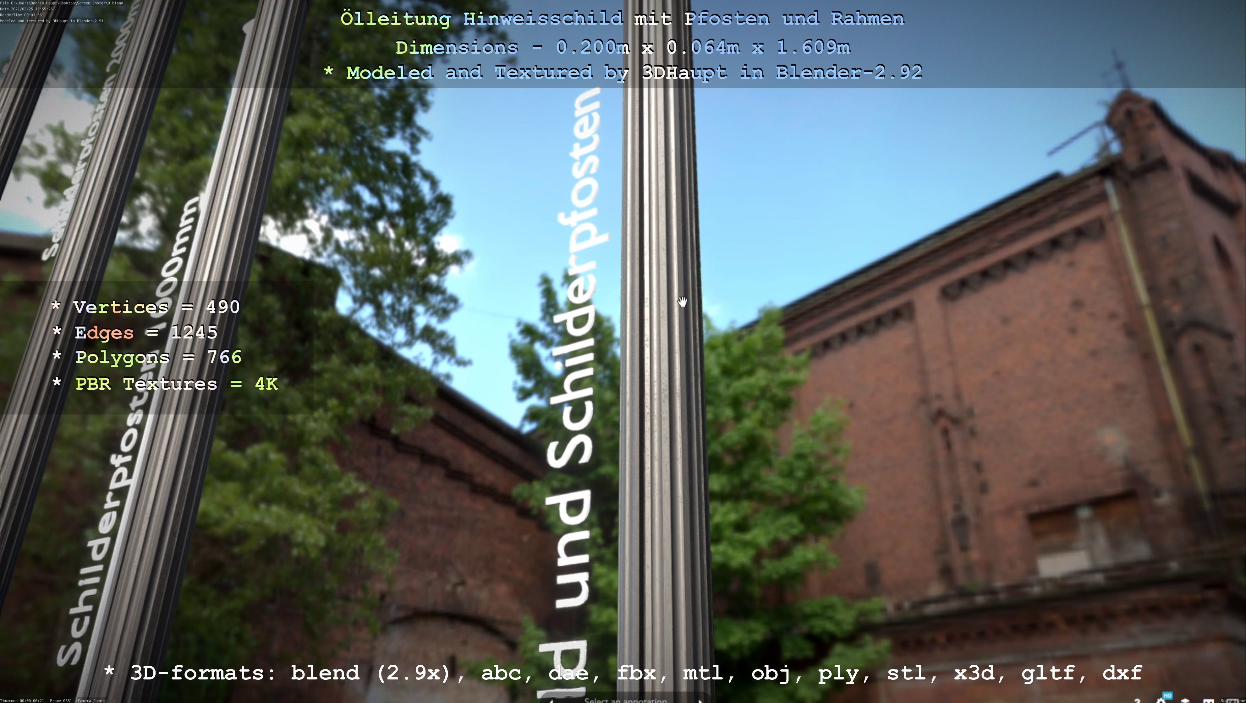 Hinweisschild Oelleitung mit Pfosten und Rahmen Low-poly 3D model_79