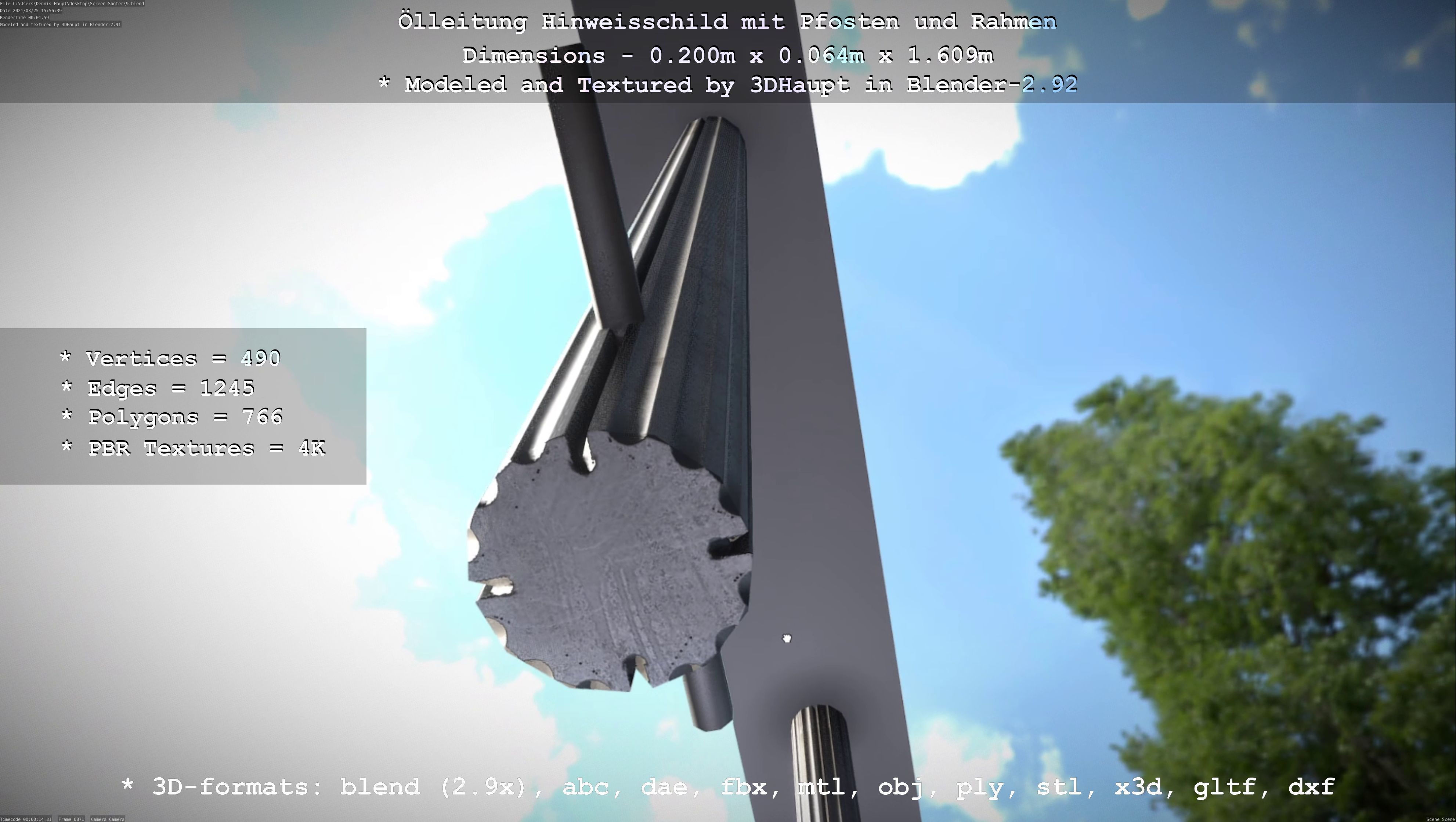 Hinweisschild Oelleitung mit Pfosten und Rahmen Low-poly 3D model_106