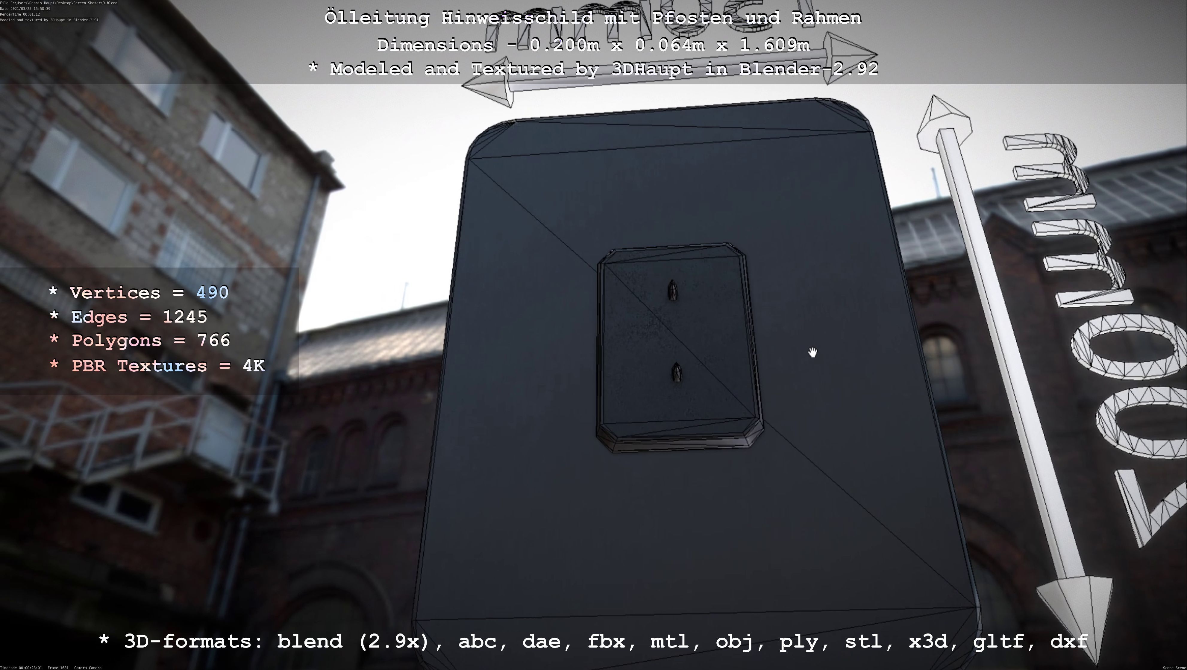 Hinweisschild Oelleitung mit Pfosten und Rahmen Low-poly 3D model_54