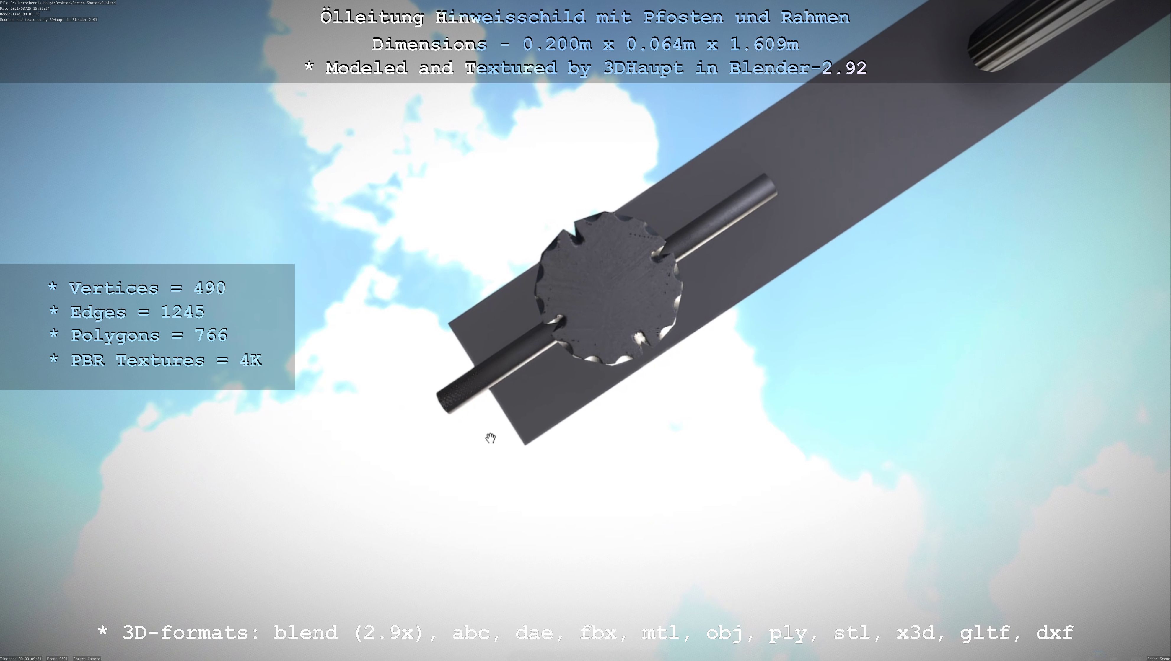 Hinweisschild Oelleitung mit Pfosten und Rahmen Low-poly 3D model_111