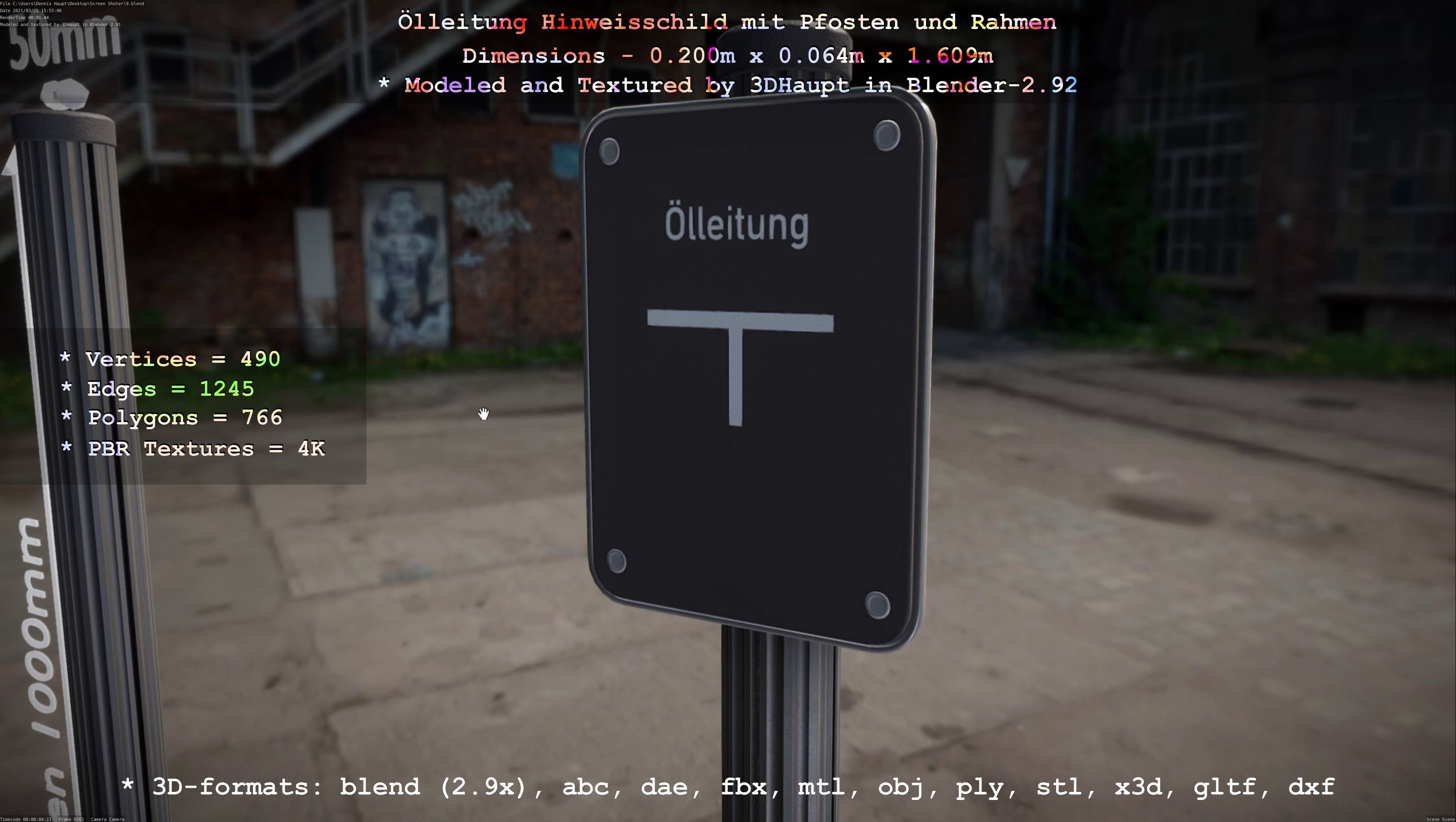 Hinweisschild Oelleitung mit Pfosten und Rahmen Low-poly 3D model_82