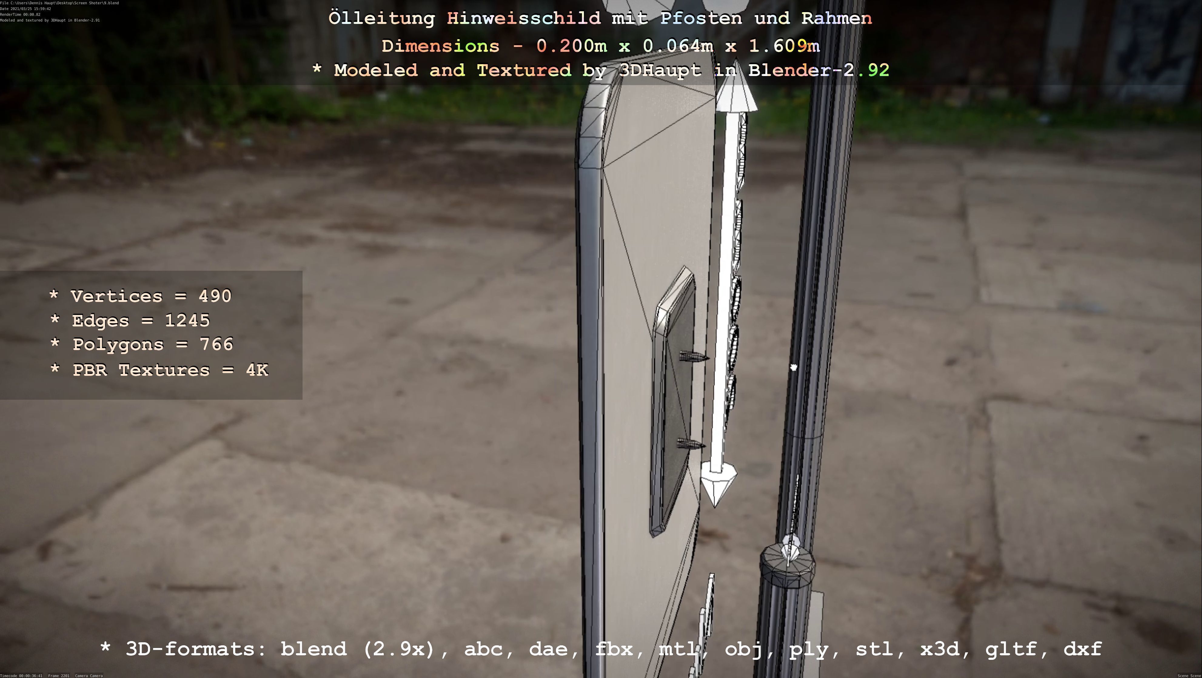Hinweisschild Oelleitung mit Pfosten und Rahmen Low-poly 3D model_38