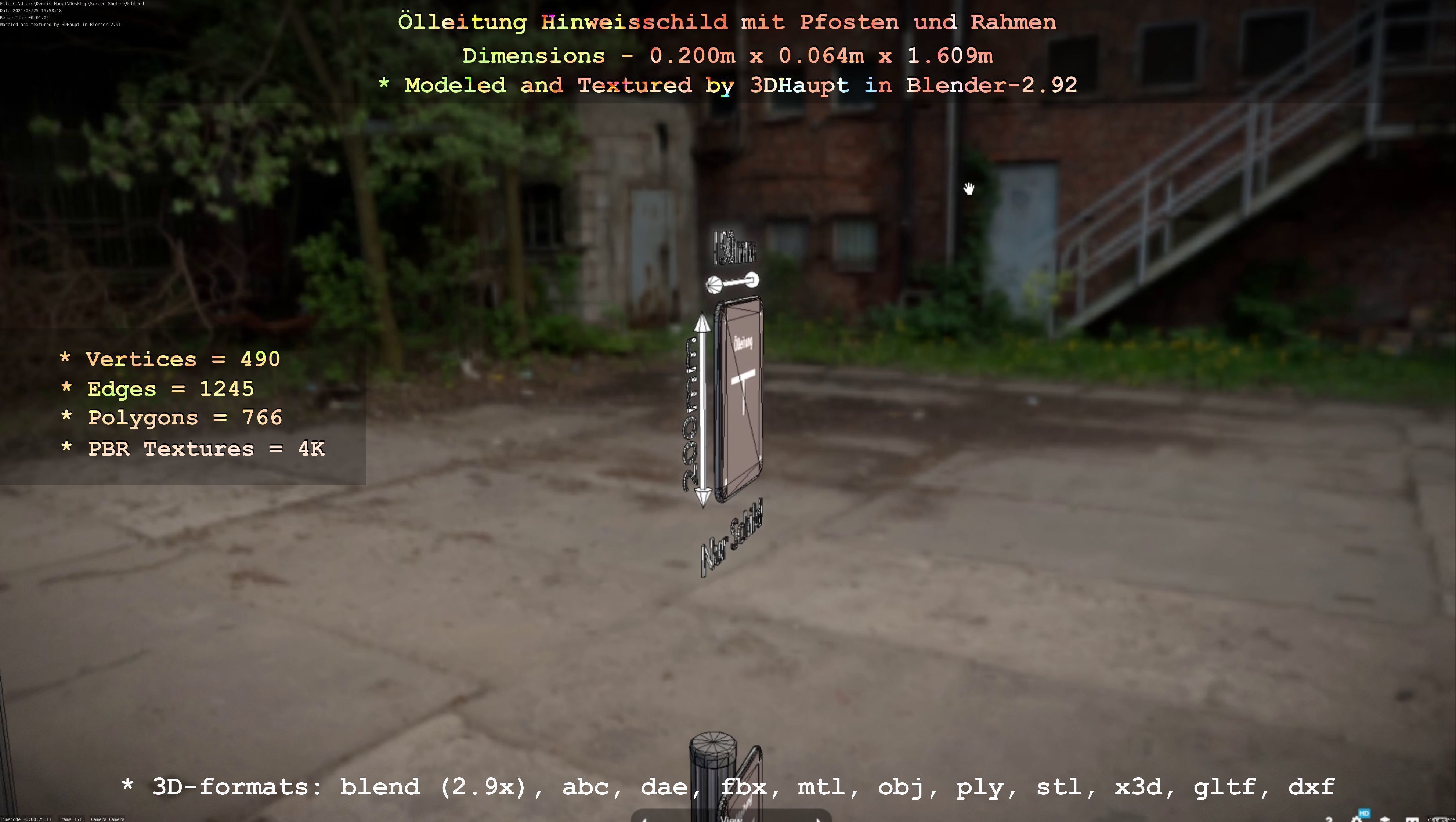 Hinweisschild Oelleitung mit Pfosten und Rahmen Low-poly 3D model_134