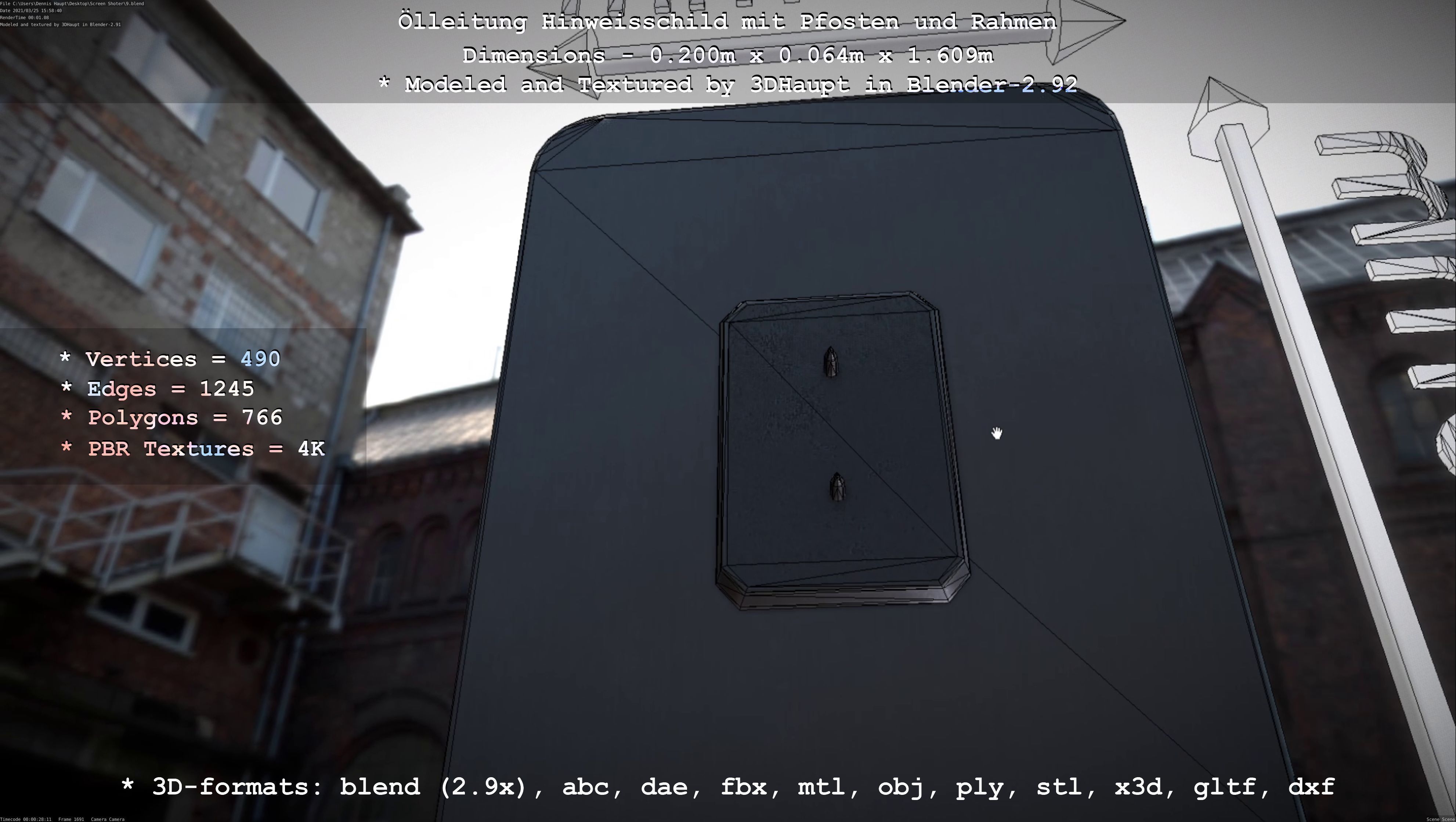 Hinweisschild Oelleitung mit Pfosten und Rahmen Low-poly 3D model_59