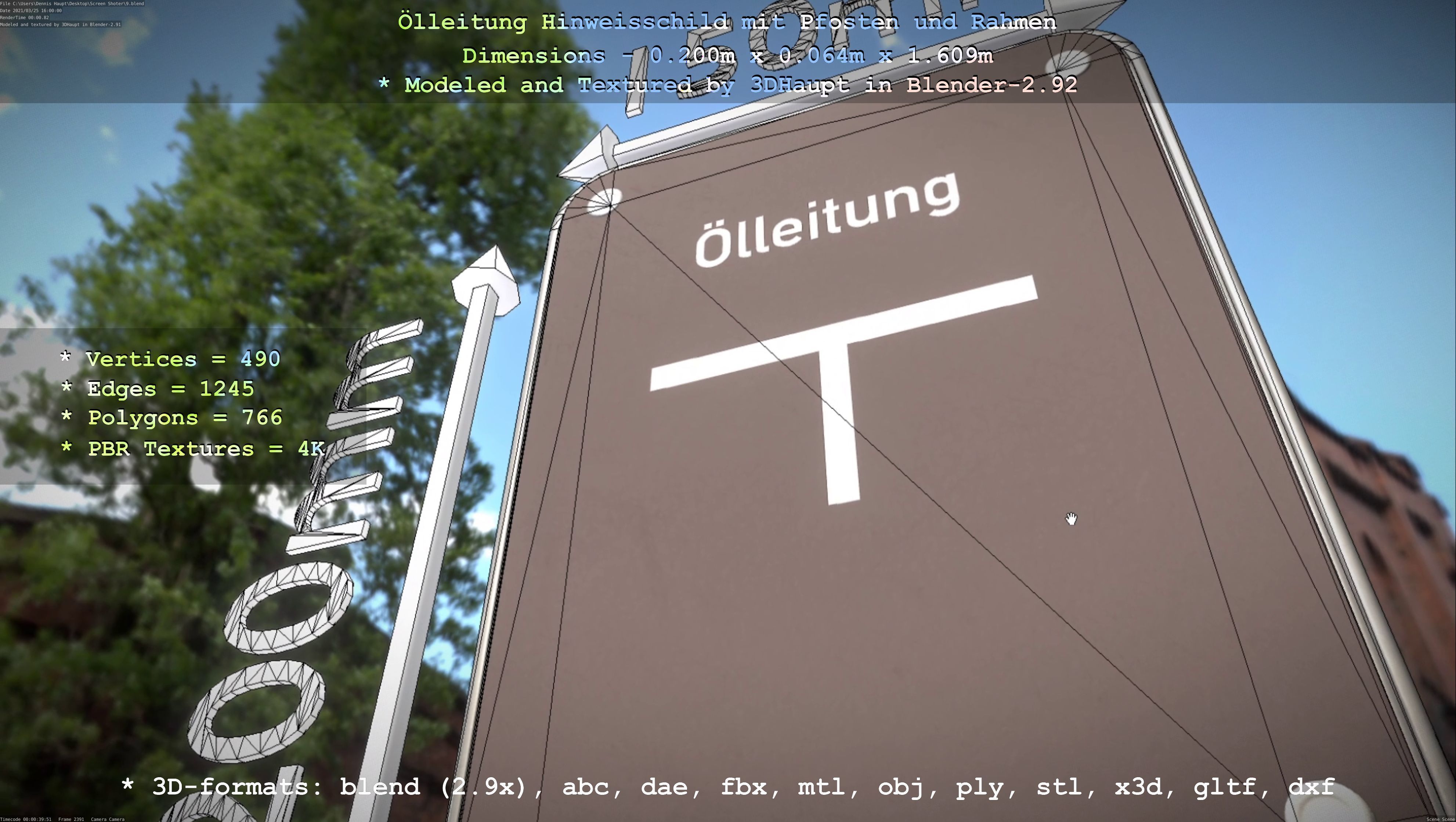 Hinweisschild Oelleitung mit Pfosten und Rahmen Low-poly 3D model_84