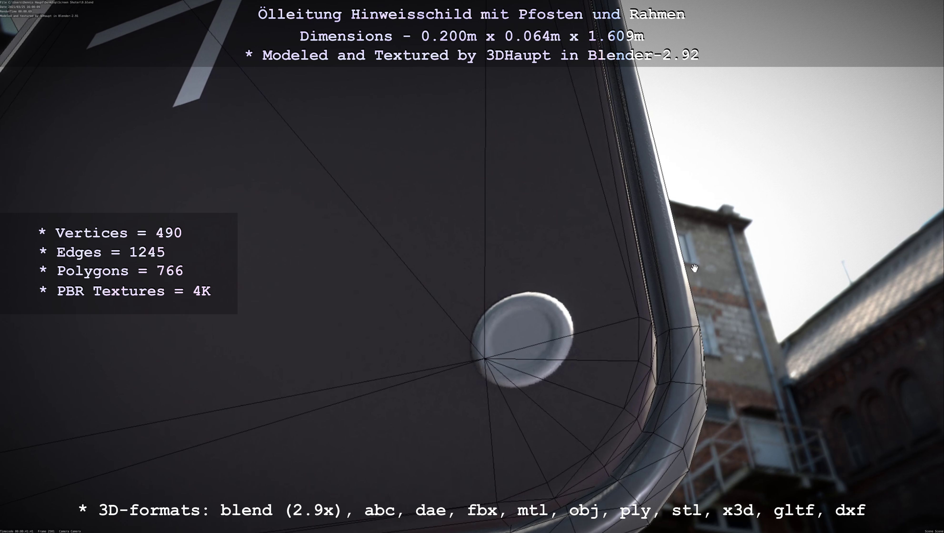 Hinweisschild Oelleitung mit Pfosten und Rahmen Low-poly 3D model_61