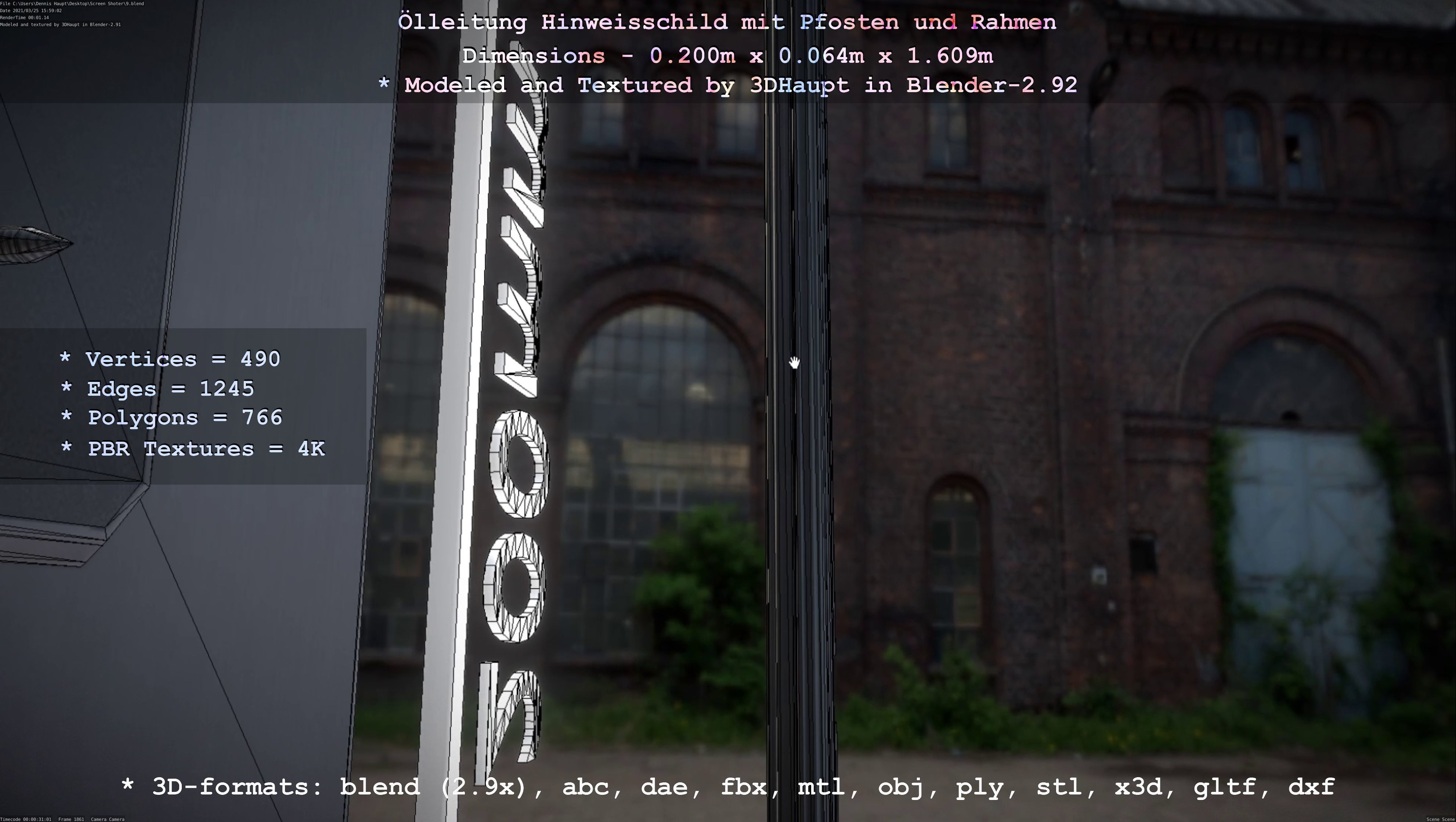 Hinweisschild Oelleitung mit Pfosten und Rahmen Low-poly 3D model_63