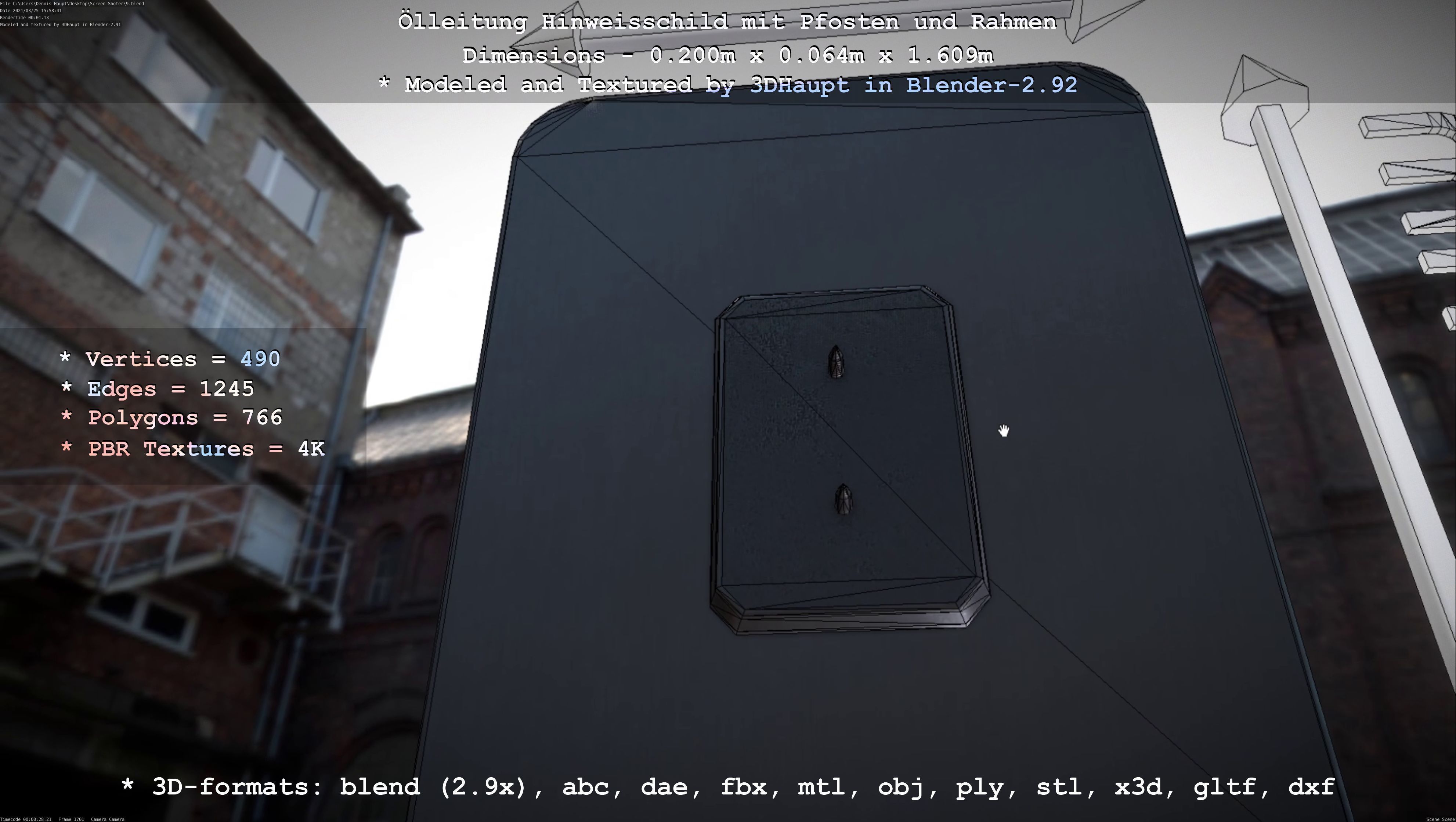 Hinweisschild Oelleitung mit Pfosten und Rahmen Low-poly 3D model_45