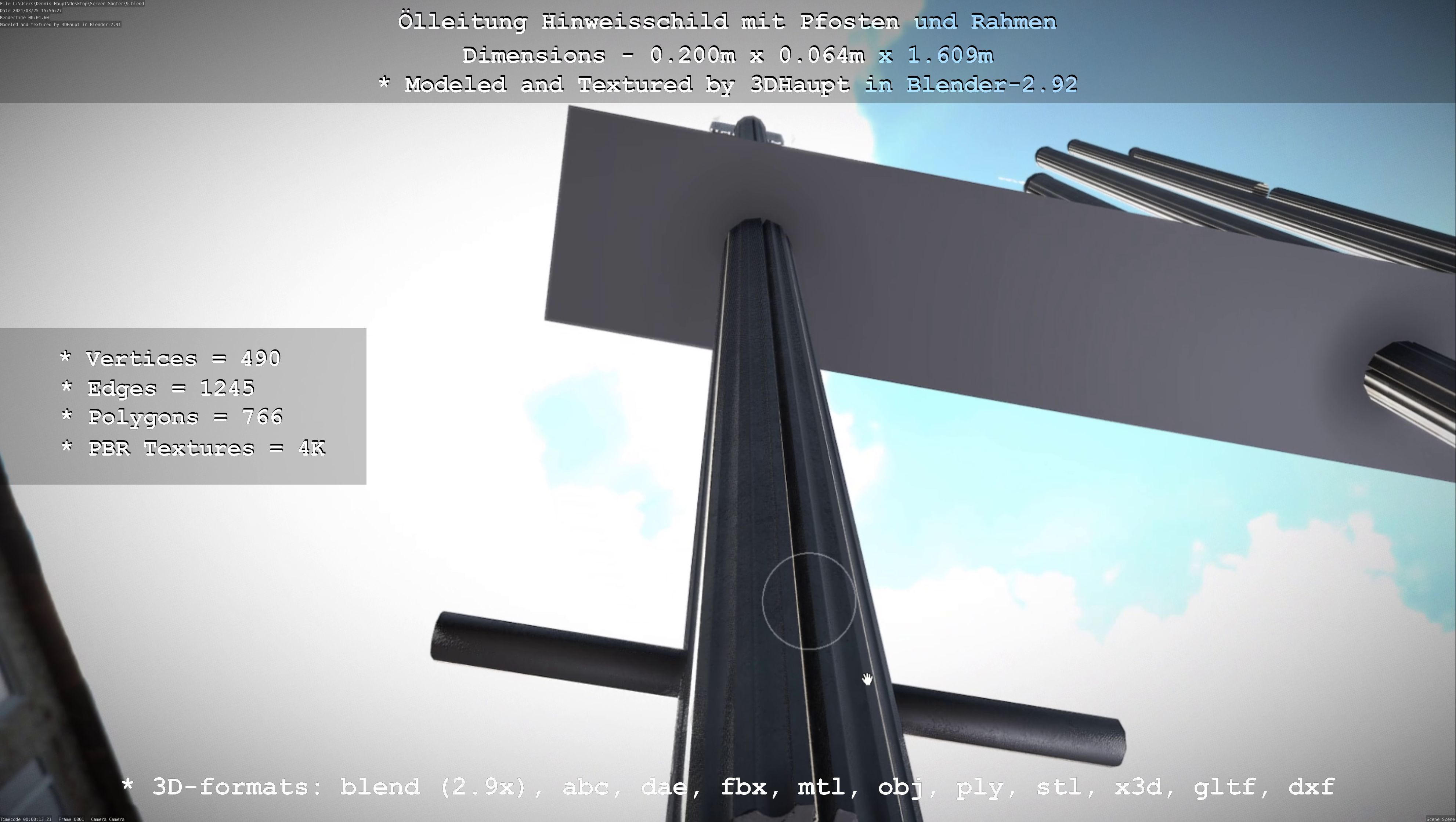 Hinweisschild Oelleitung mit Pfosten und Rahmen Low-poly 3D model_100