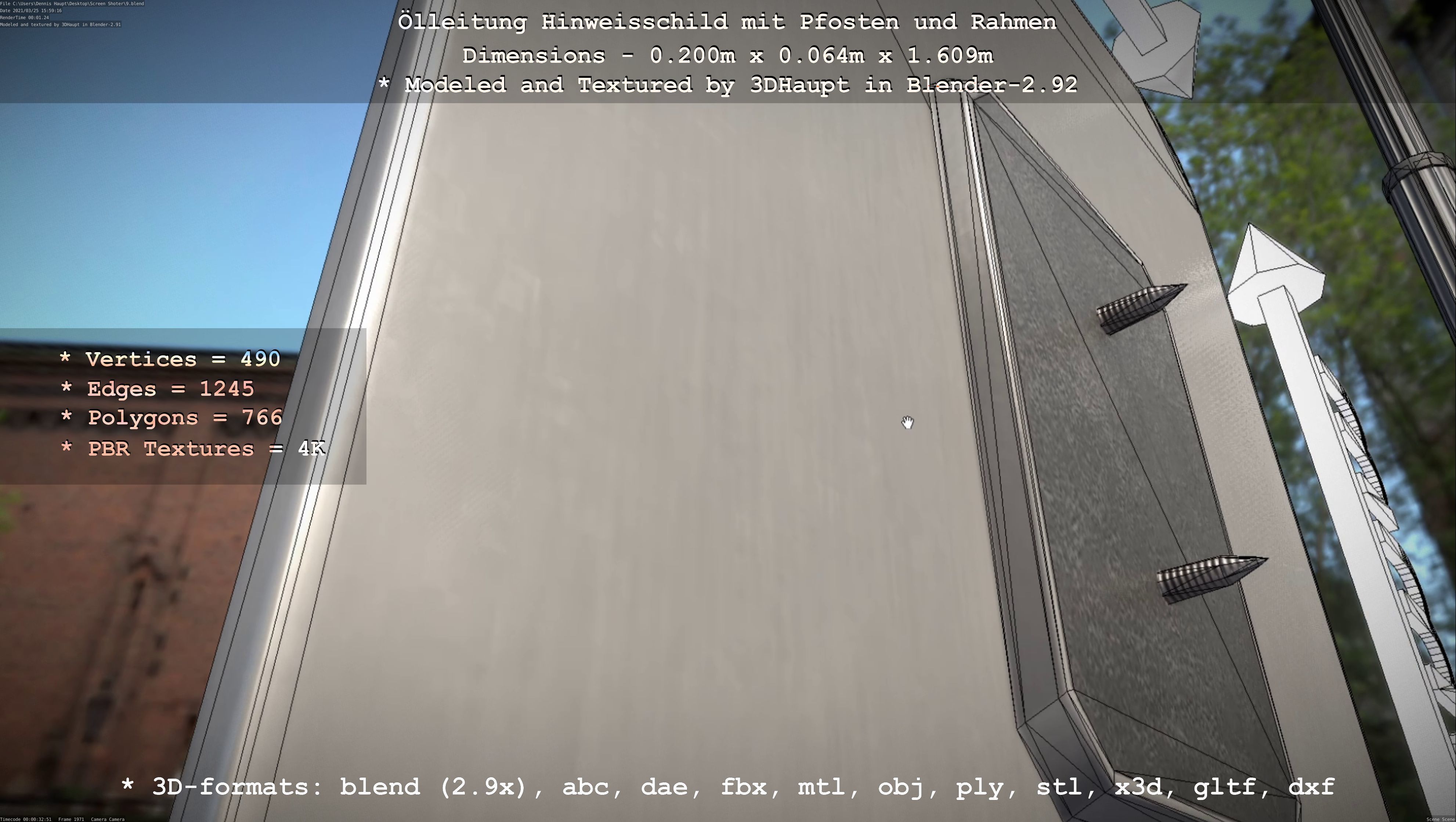 Hinweisschild Oelleitung mit Pfosten und Rahmen Low-poly 3D model_3