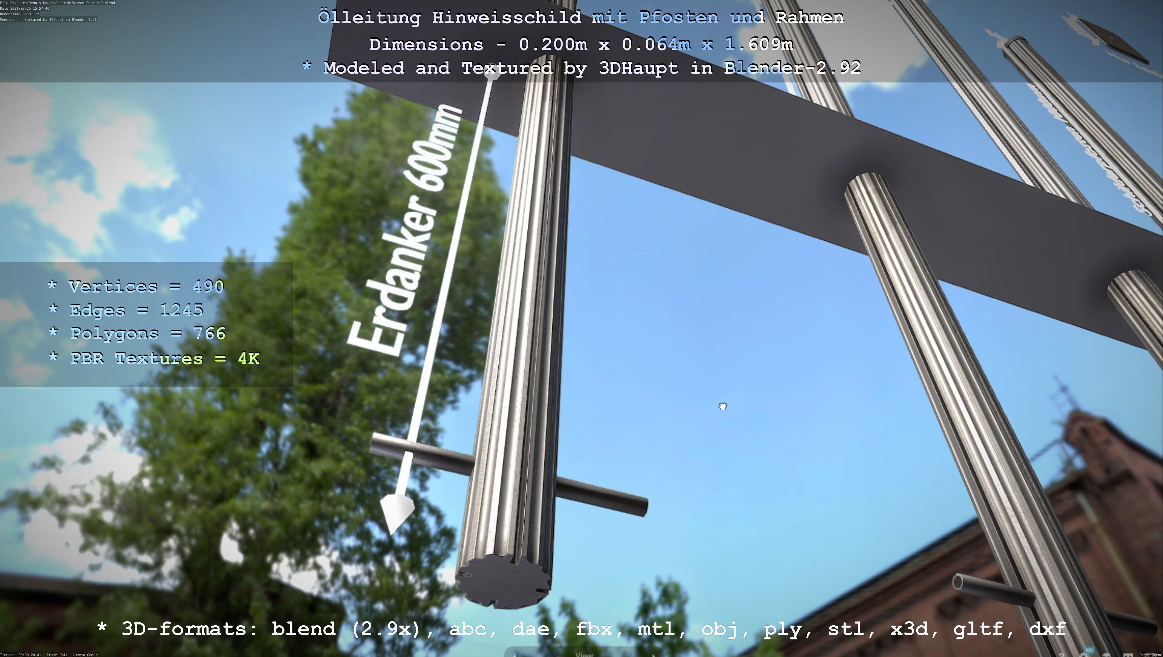 Hinweisschild Oelleitung mit Pfosten und Rahmen Low-poly 3D model_122