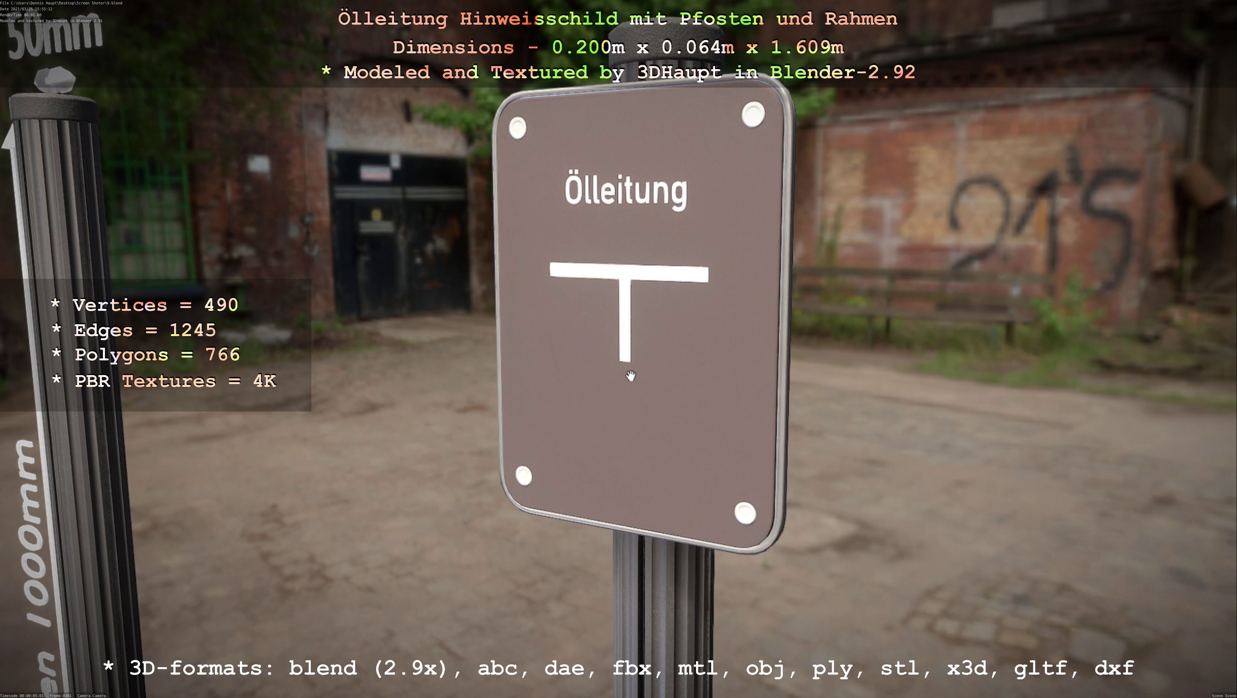 Hinweisschild Oelleitung mit Pfosten und Rahmen Low-poly 3D model_73