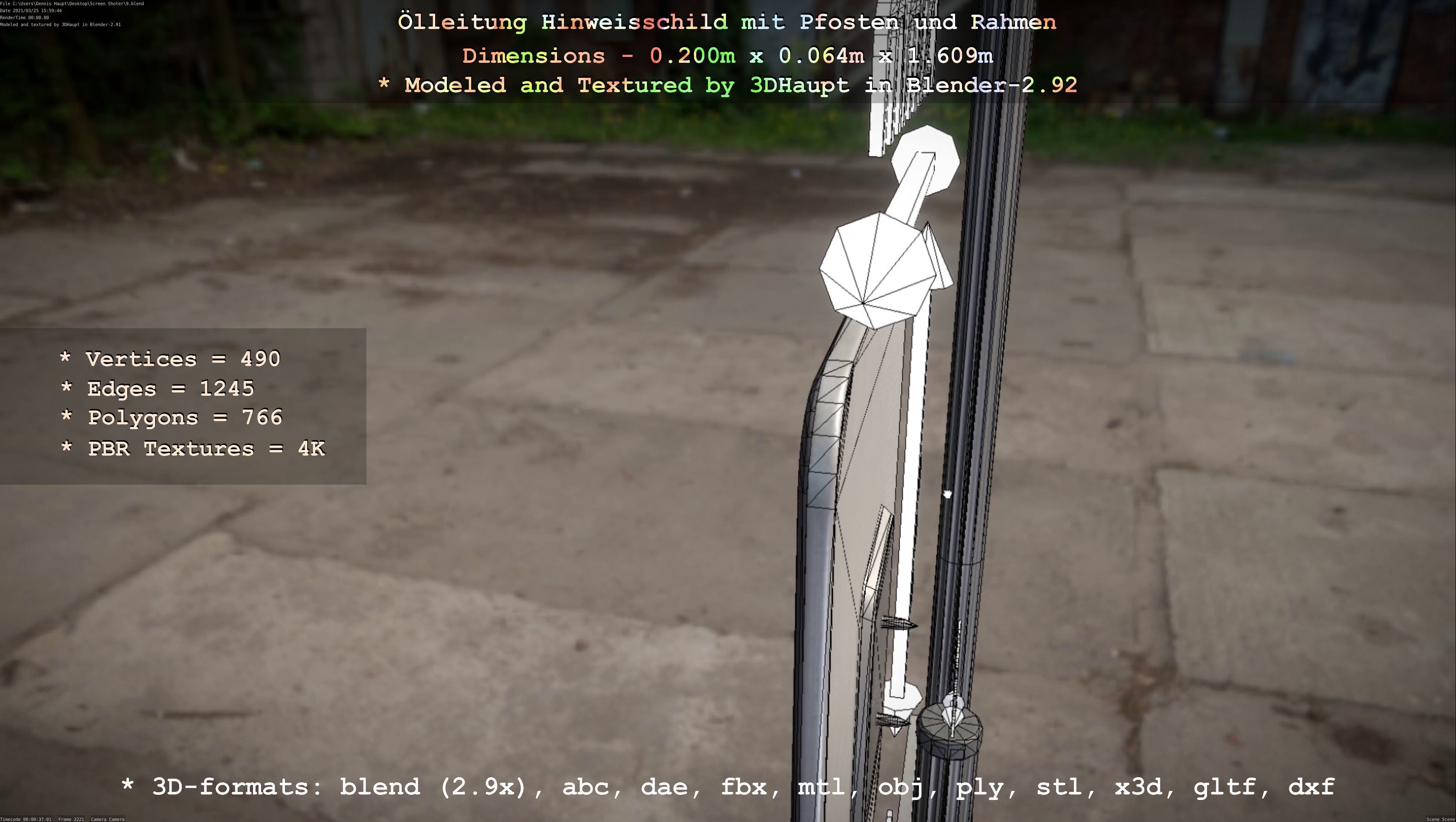 Hinweisschild Oelleitung mit Pfosten und Rahmen Low-poly 3D model_53