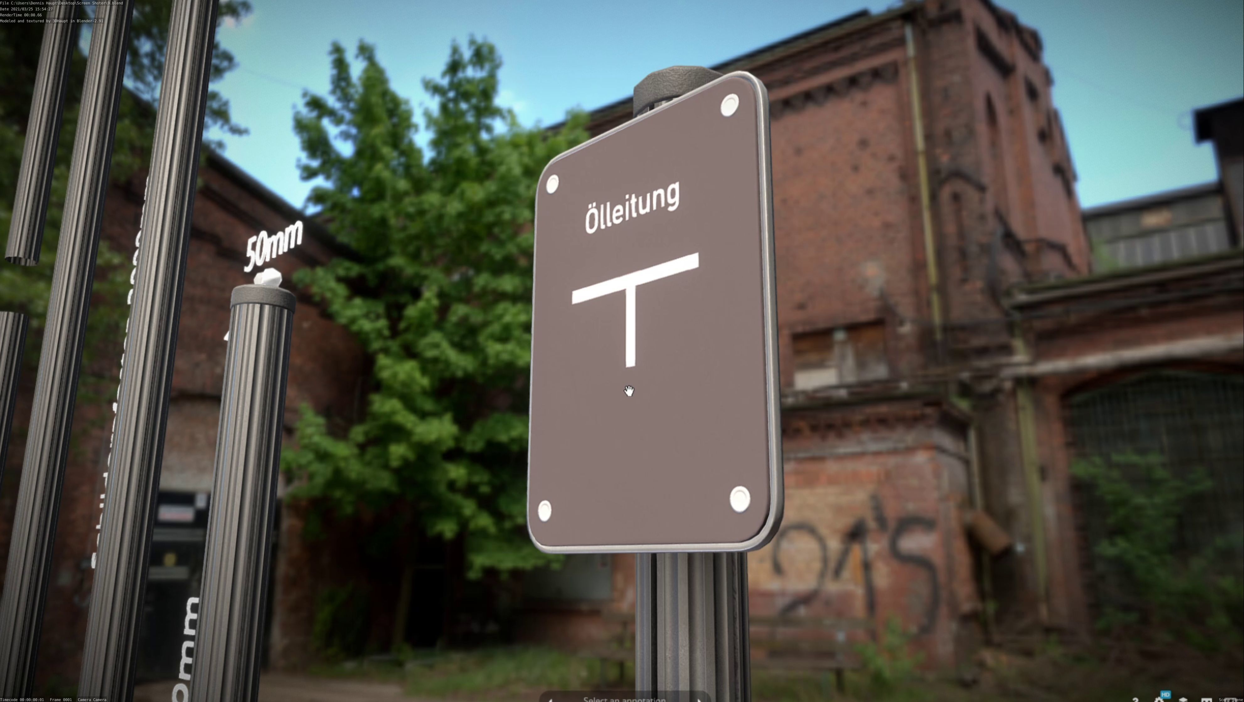 Hinweisschild Oelleitung mit Pfosten und Rahmen Low-poly 3D model_15